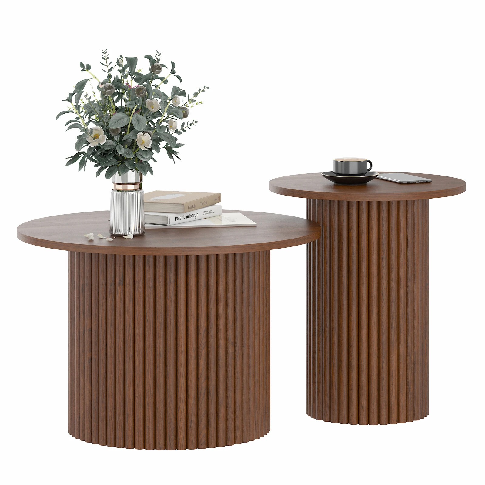 10 Advwin Coffee Table Set of 2  with Fluted Panel - Brown, 10 of 10