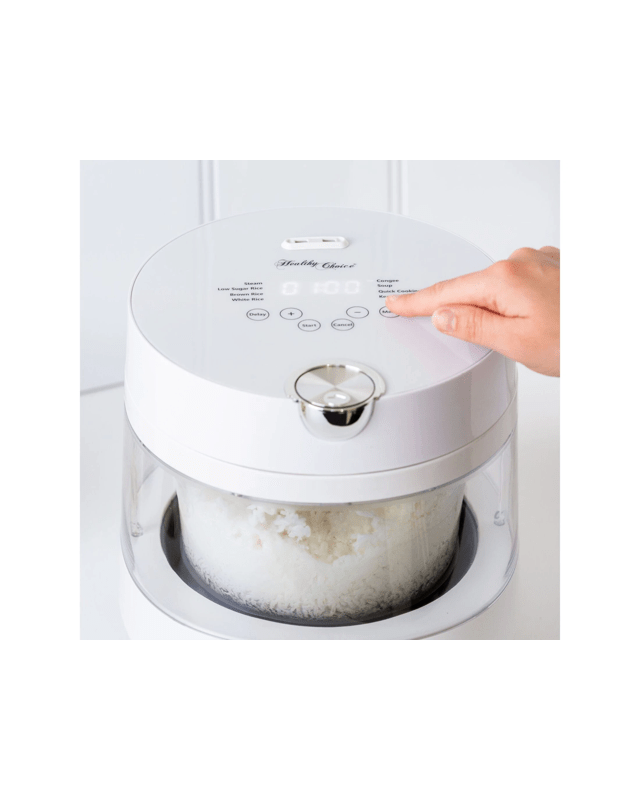Healthy Choice PFAS Free 5 Cup Glass Rice Cooker, 600W with Low Sugar Basket, LED Display and 8 Smart Cooking Prog