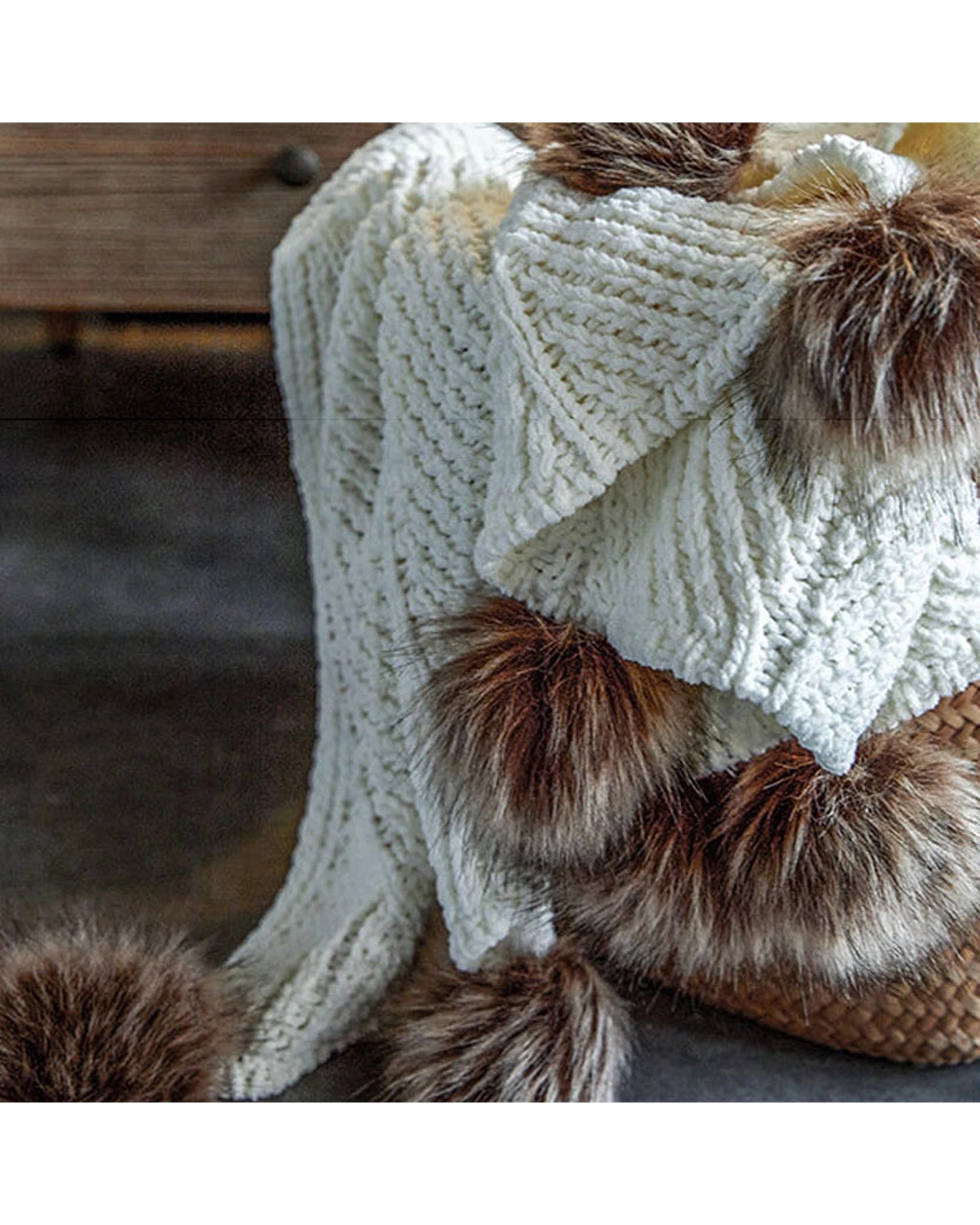 4 Cotton More Acrylic Knitted Blanket Feather PomPom Throw Rug 130x160cm Ivory - White, 4 of 4