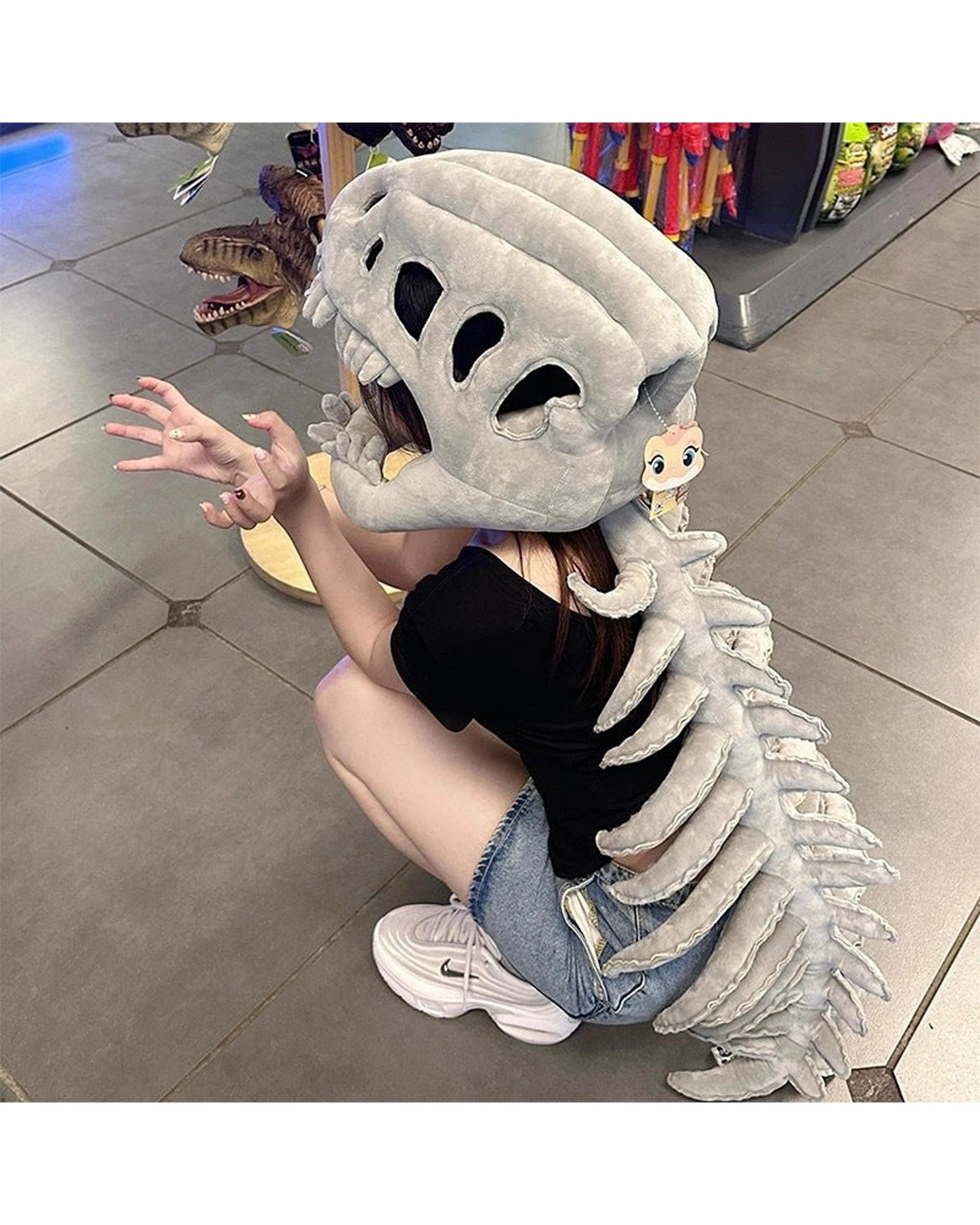 2 Cotton More Dinosaur Skeleton Plush Hoodie Bone Costume Spine & Tail 115cm - Grey, 2 of 3