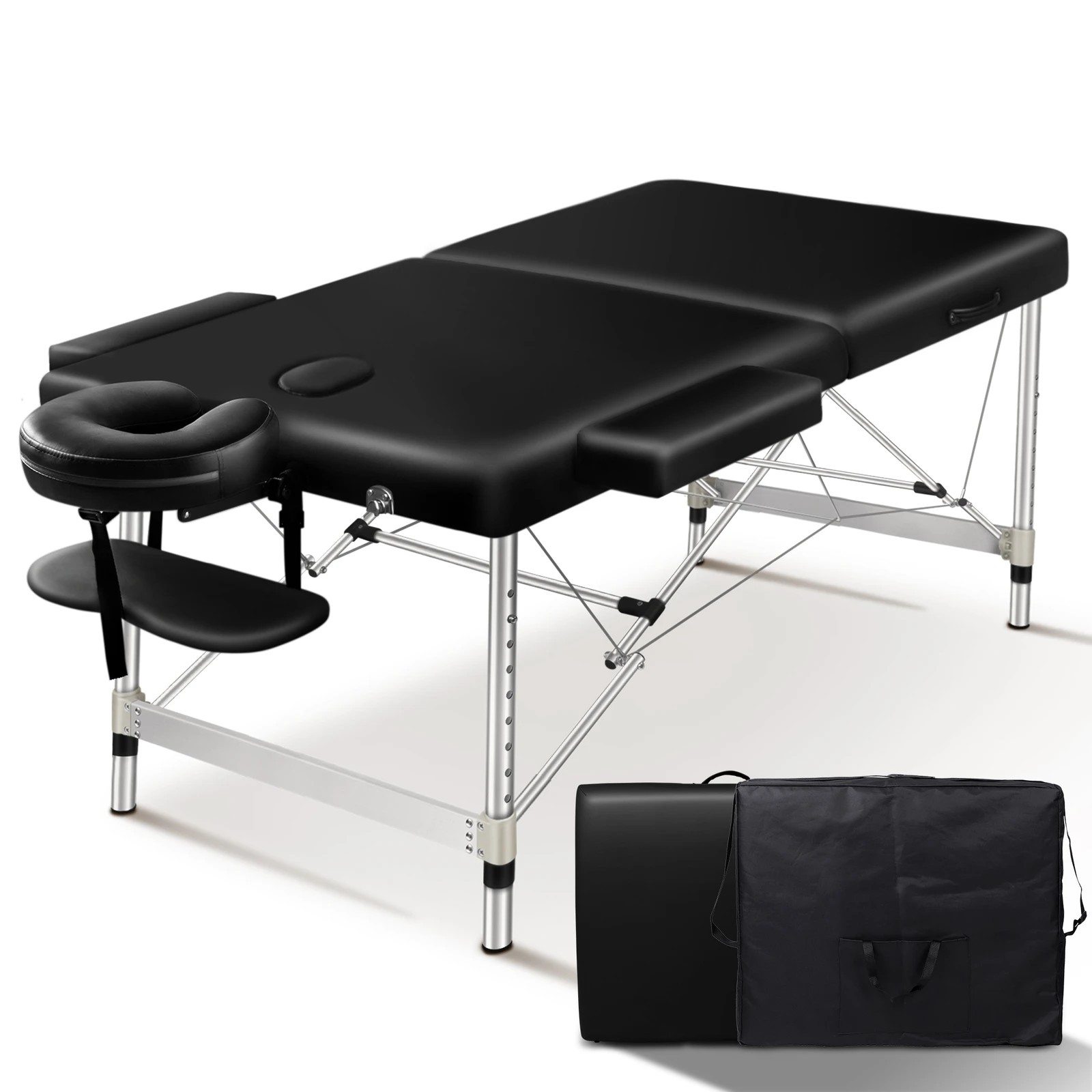 1 Alfordson Massage Table 2 Fold 75cm Foldable Portable Bed Desk Aluminium Lift Up - Black, 1 of 4