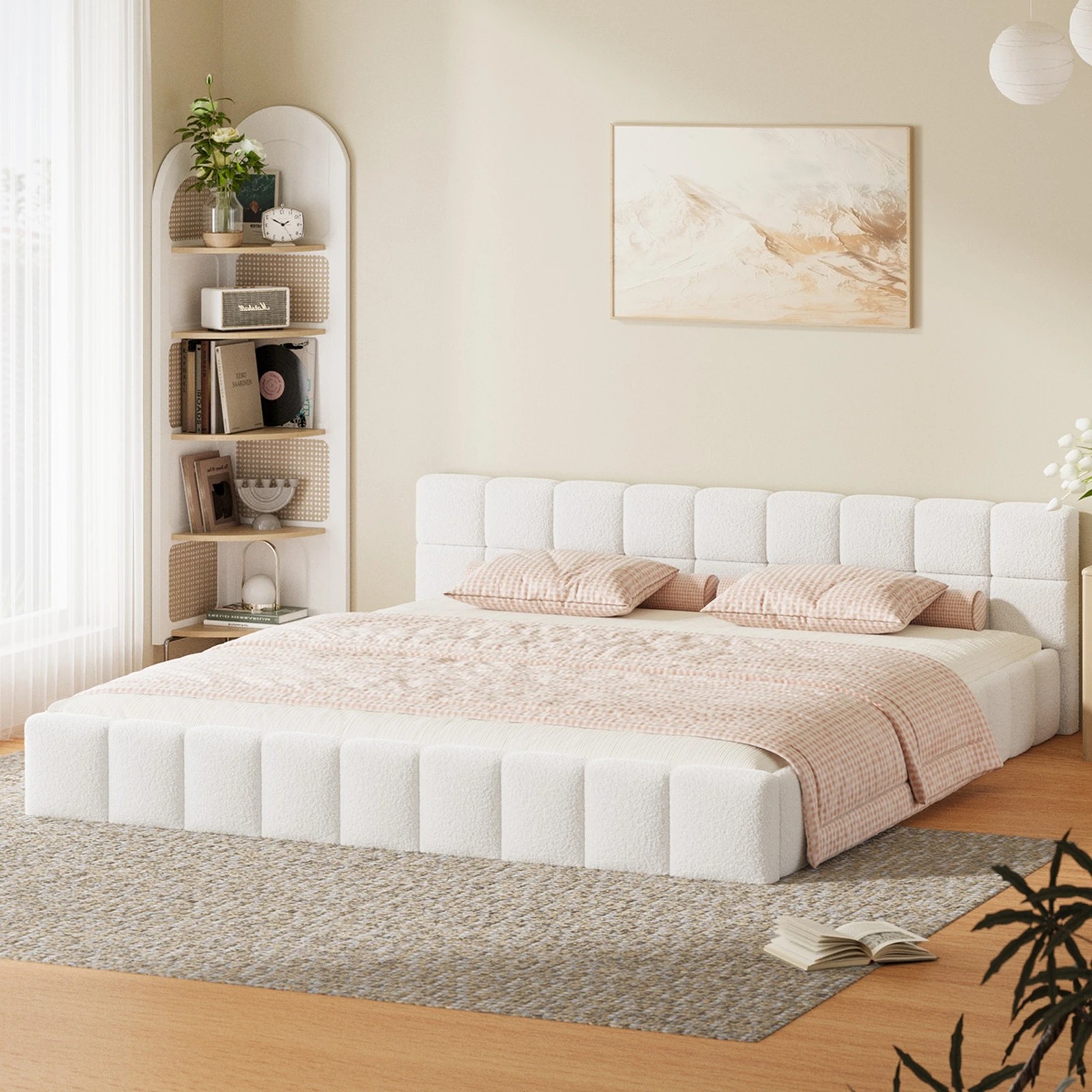 3 Oikiture Bed Frame King Size Tufted Headboard Boucle - White, 3 of 7