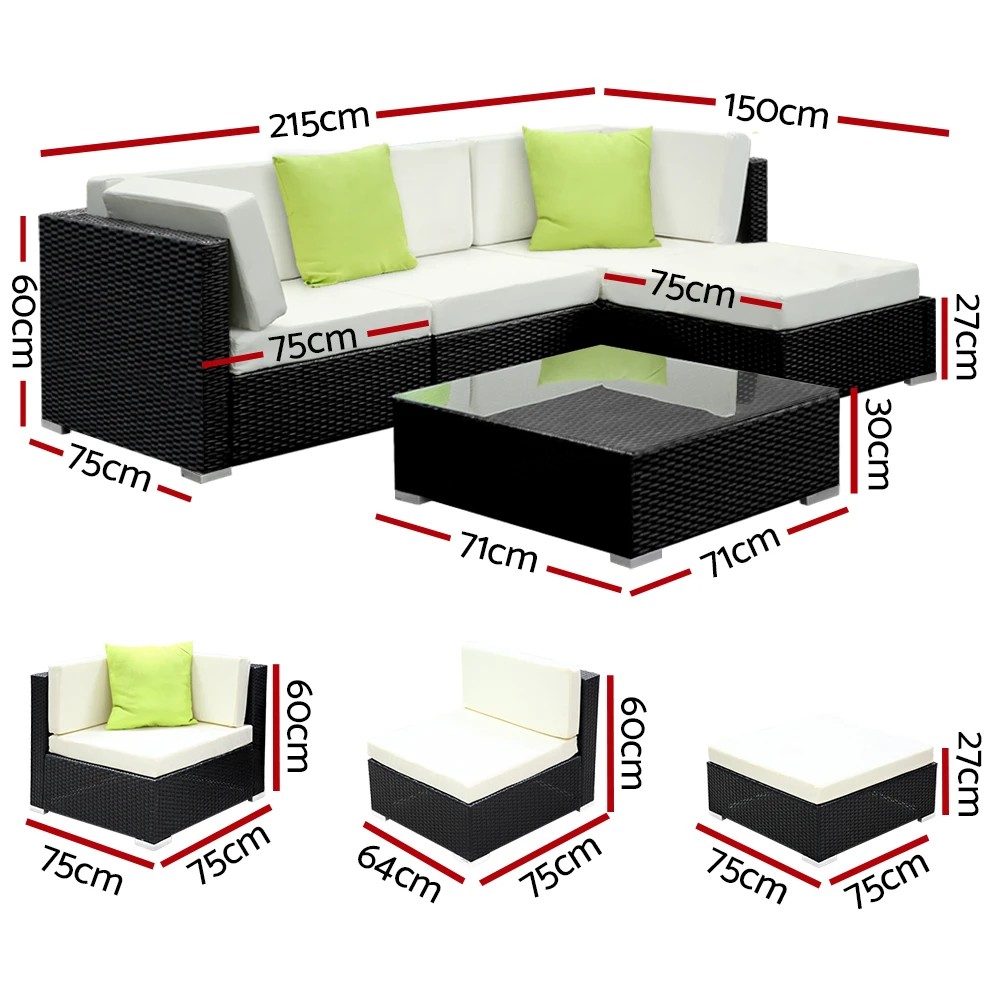 2 Gardeon 5-Piece Outdoor Sofa Set Wicker Couch Lounge Setting 4 - Black, 2 of 7
