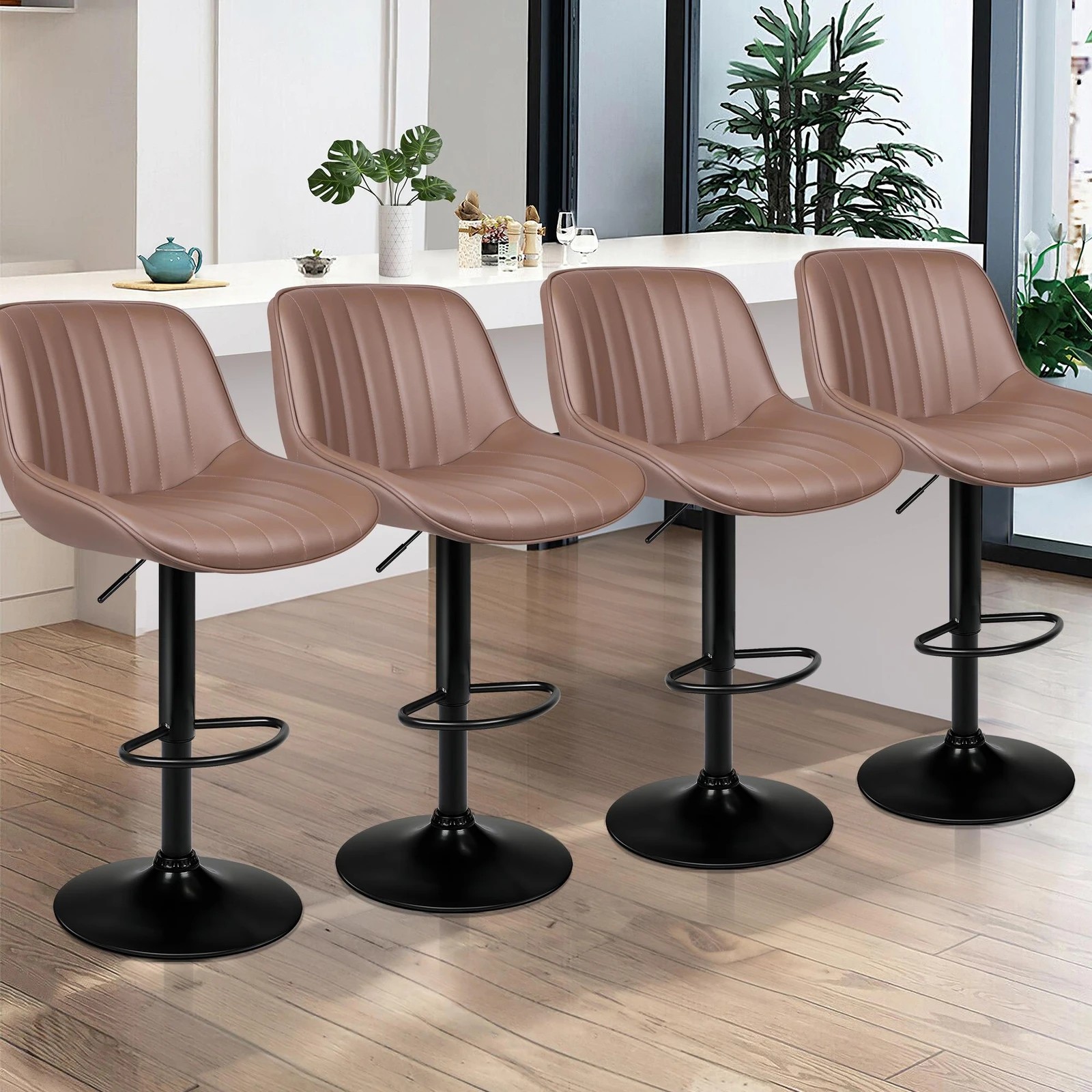 10 Alfordson 4x Bar Stools Gas Lift Leather Bar Chairs Kitchen Swivel Wendy - Brown, 10 of 10