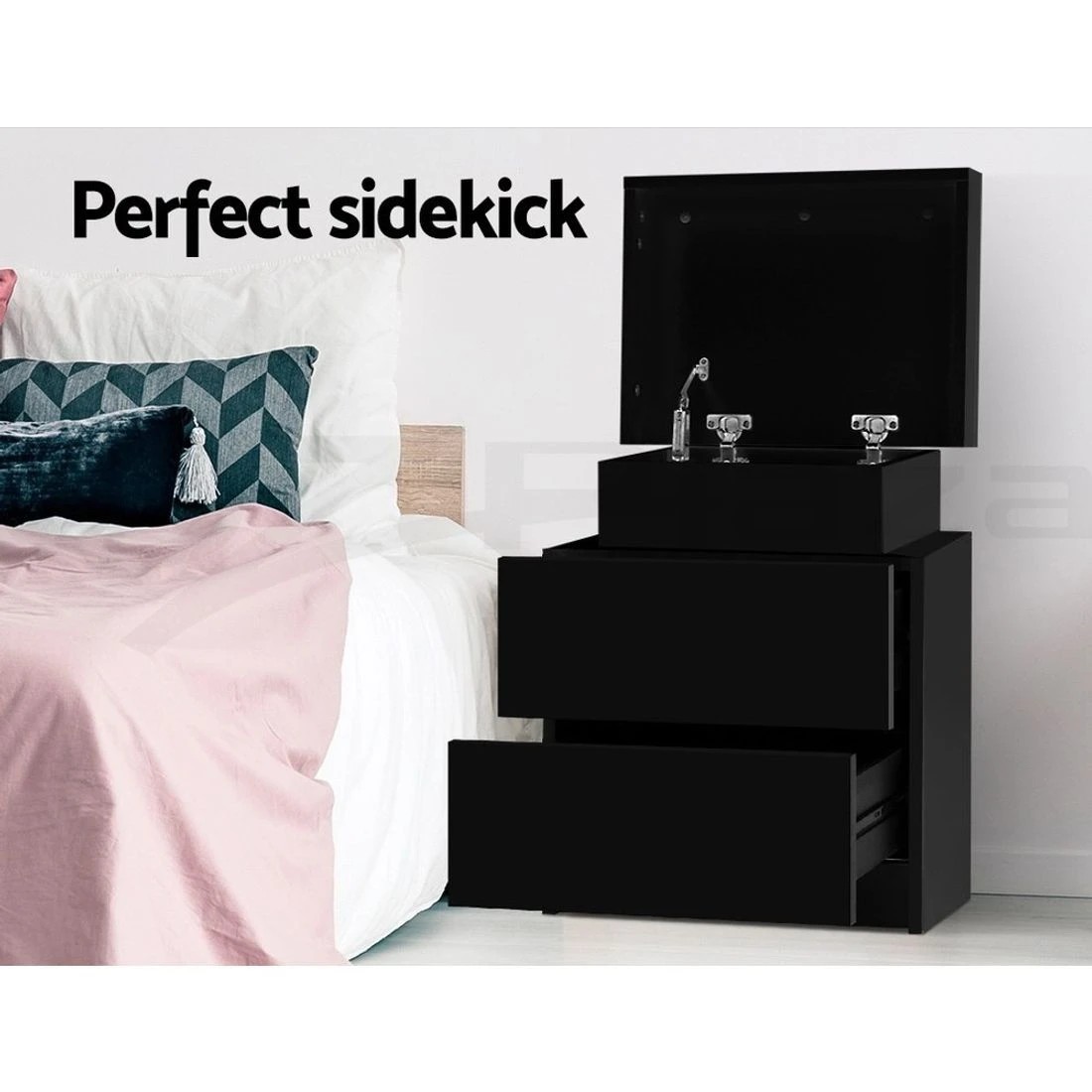 3 Artiss 2X Bedside Table 2 Drawers Lift-up Storage - Black, 3 of 8