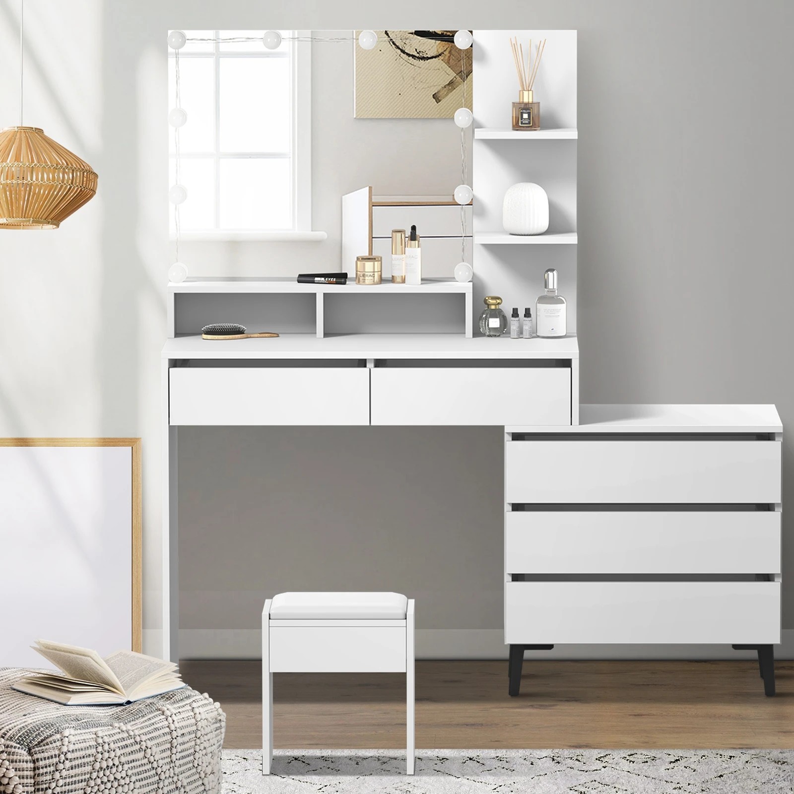 3 Oikiture Dressing Table Stool Set Makeup Mirror 10 Led Bulbs Cabinet
 - White, 3 of 9