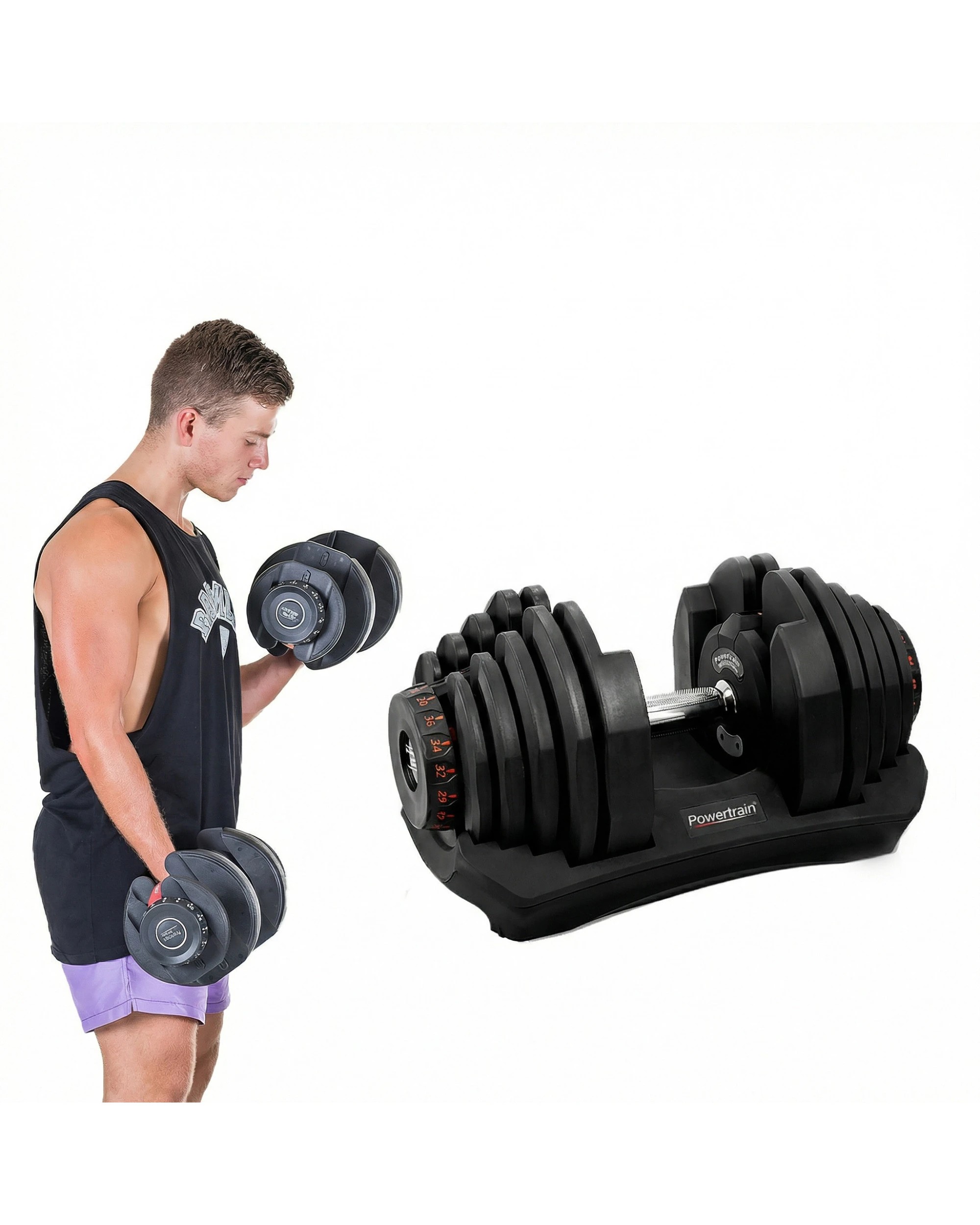 8 Powertrain 80KG Adjustable Dumbbell Set with Height Variable Bench - Black, 8 of 10