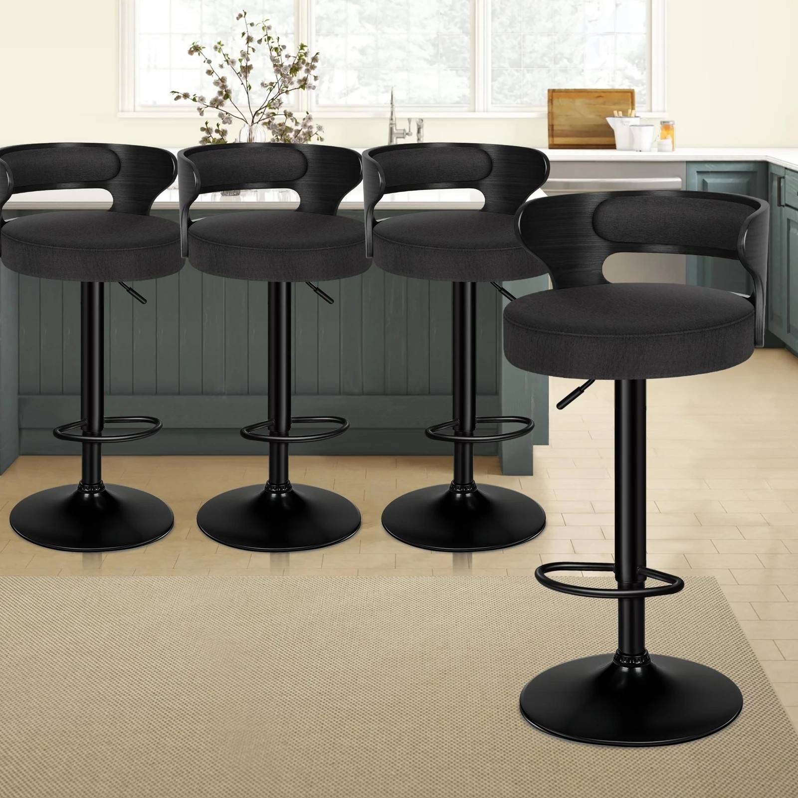 2 Alfordson 4x Bar Stool Kitchen Swivel Chair Wooden Linen Fabric Ramiro - Black, 2 of 10