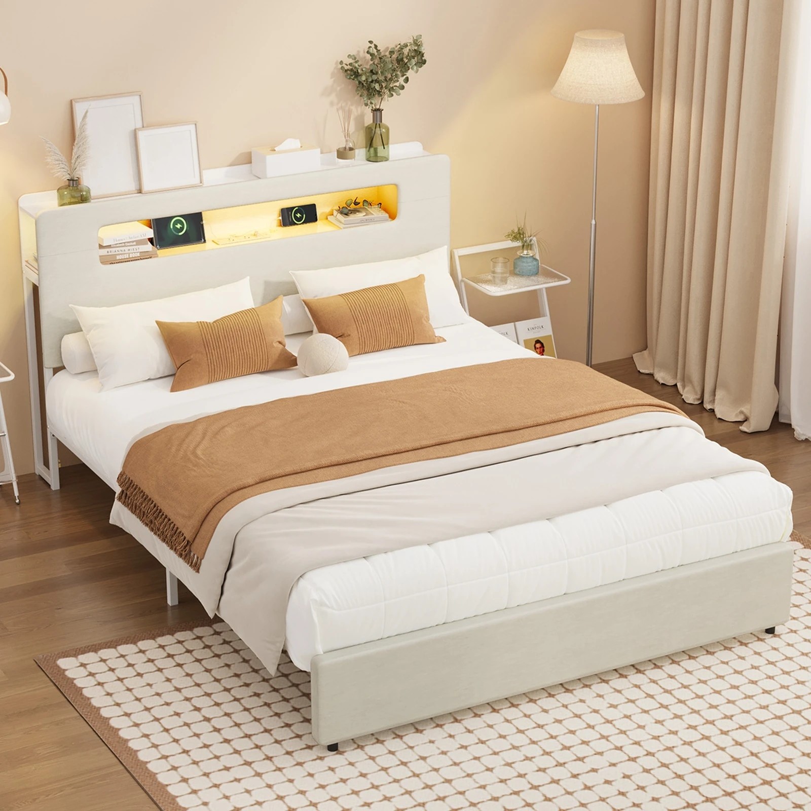 4 Oikiture Bed Frame Queen Size with LED Lights USB Charging Storage Headboad - White, 4 of 8