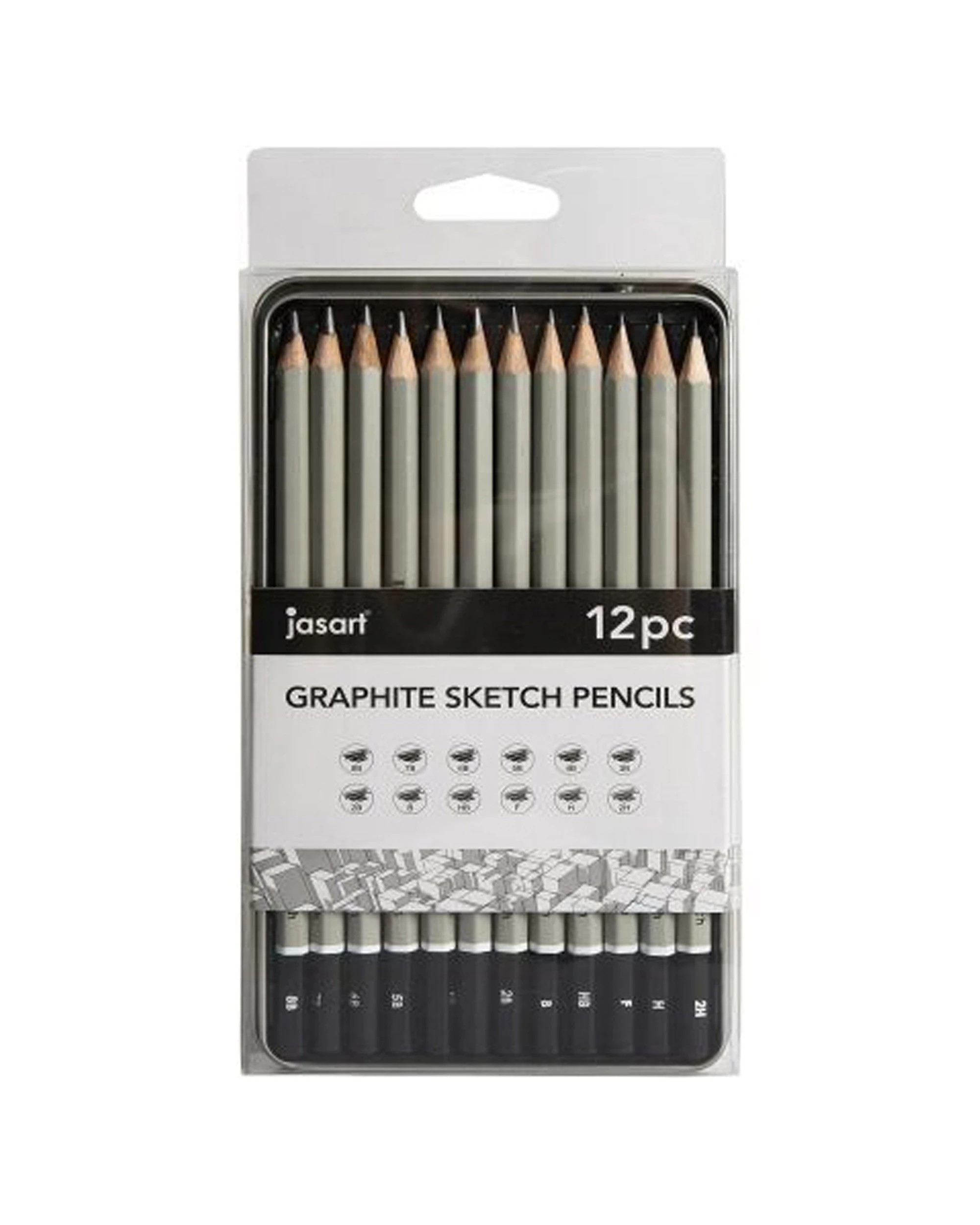 1 Jasart 12pc Studio Graphite Sketch Pencil Tin Set - Grey, 1 of 3