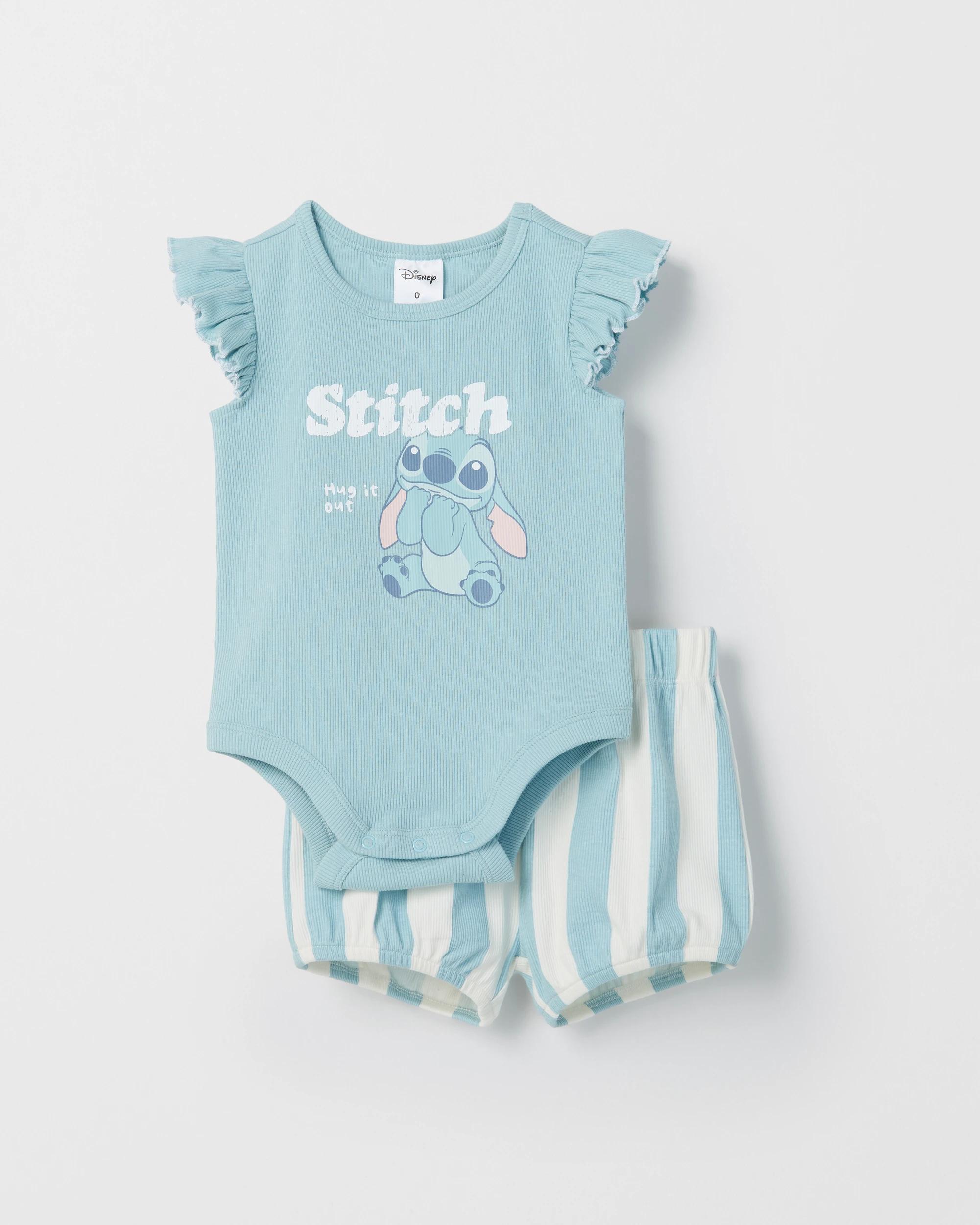 1 Disney Licensed Organic Cotton Baby Bodysuit and Shorts Set STITCH BLUE, 1 of 3