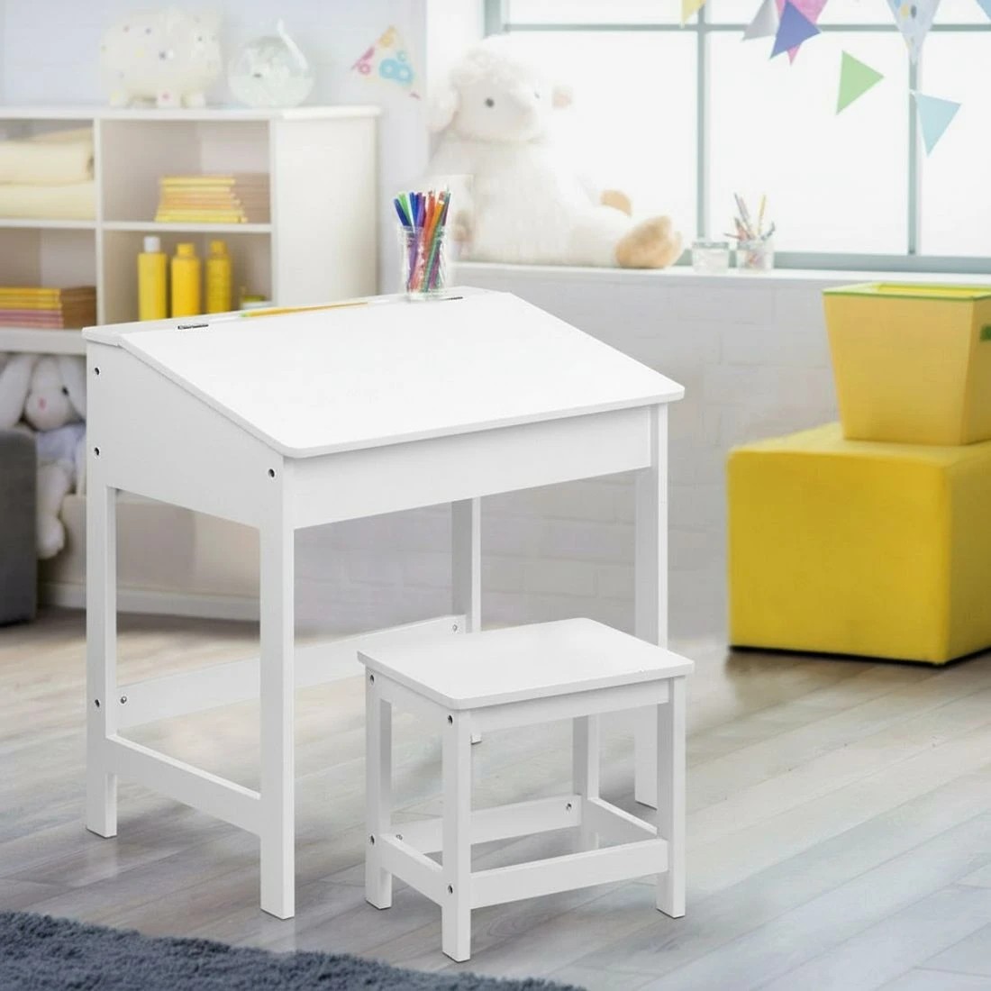 6 Keezi 2PCS Kids Table and Chairs Set Activity Children Playing Toys Study Desk - White, 6 of 8