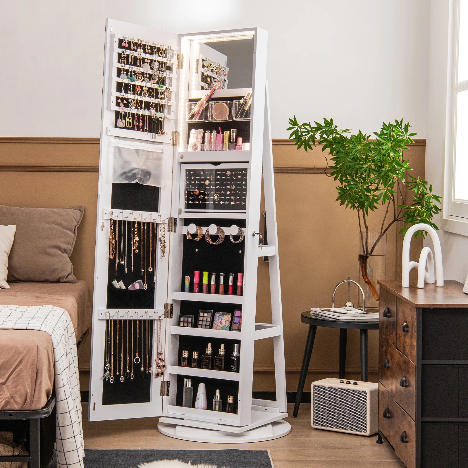 3 Costway 360° Rotating LED Jewellery Cabinet Full Length Mirror Armoire Makeup Cabinet - White, 3 of 5