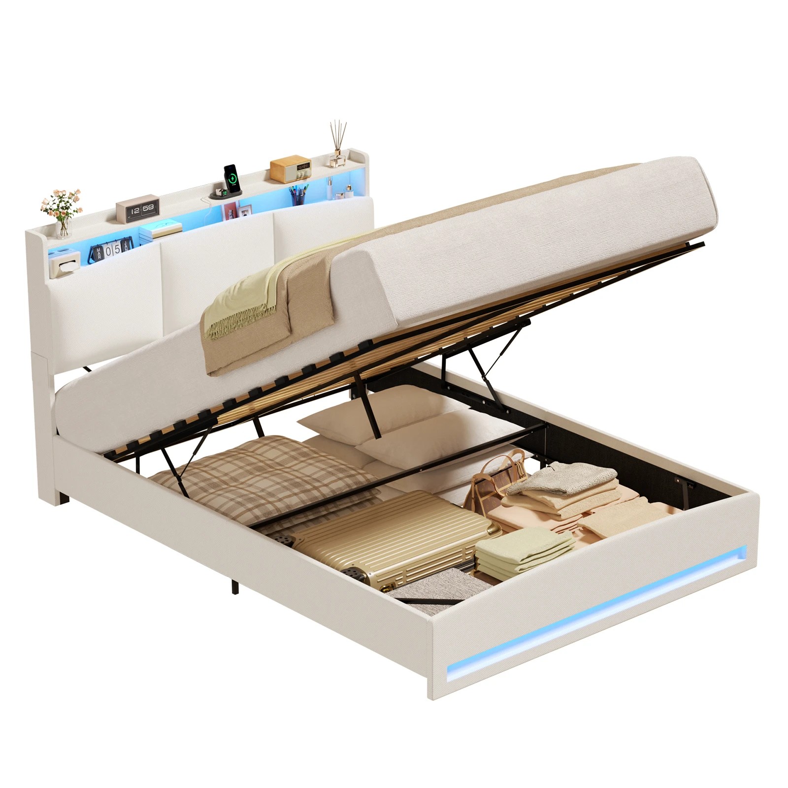 4 Advwin Double Gas Lift Storage Bed Frame with Charging Station - Beige, 4 of 8