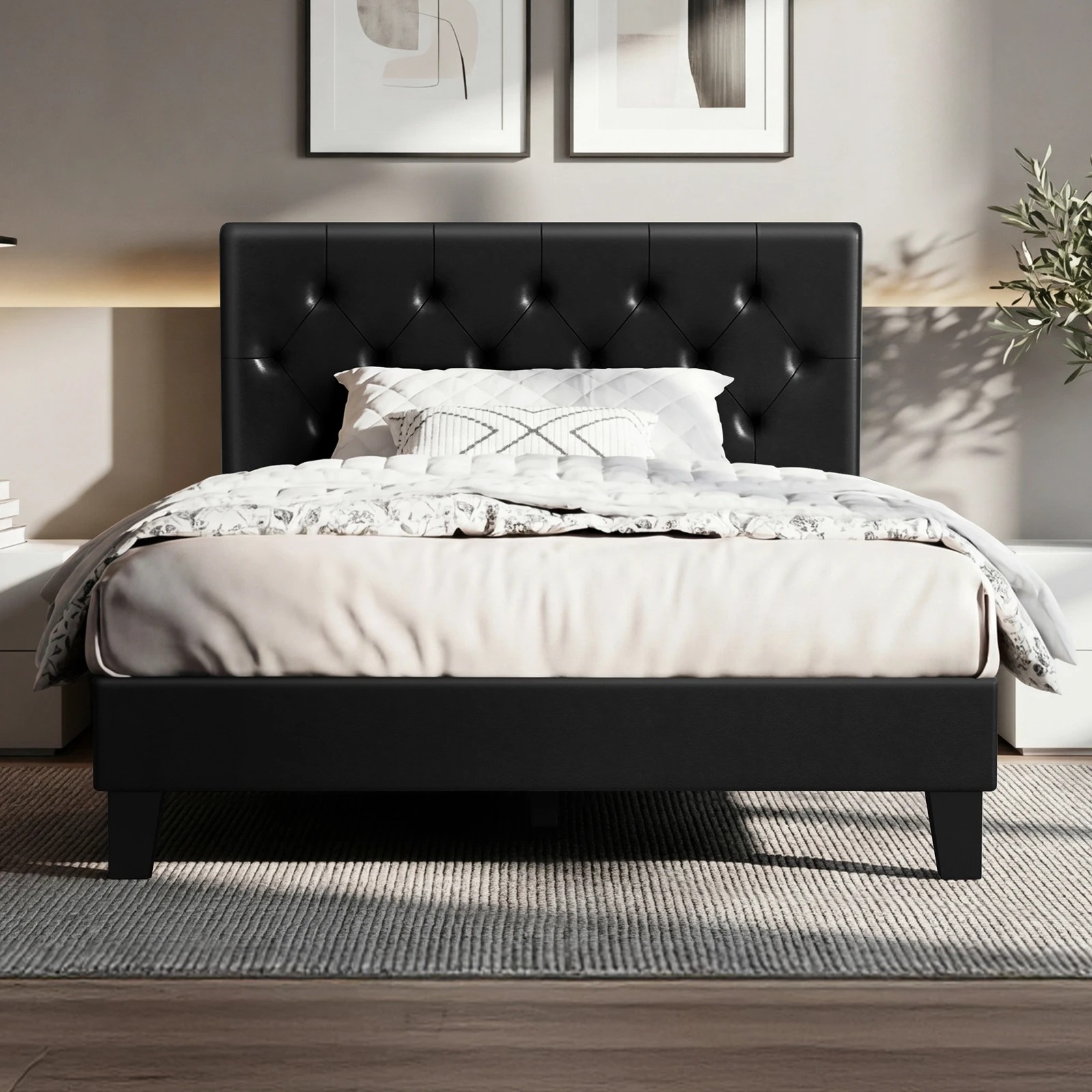 2 Alfordson Bed Frame Single Size Tufted Headboard Modern Leather Meduna - Black, 2 of 9