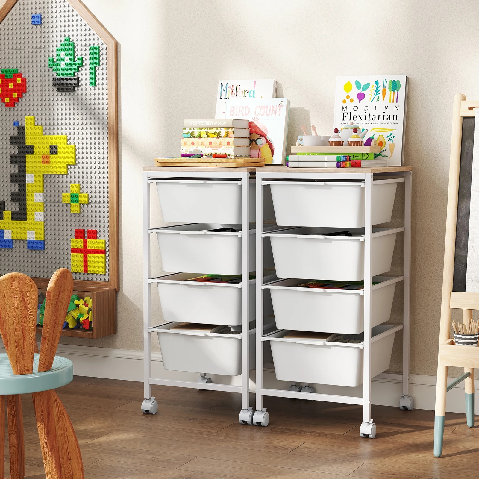 5 Costway 4-Drawer Rolling Storage Cart Mobile Utility Organizer w/Wooden Tabletop - White, 5 of 6