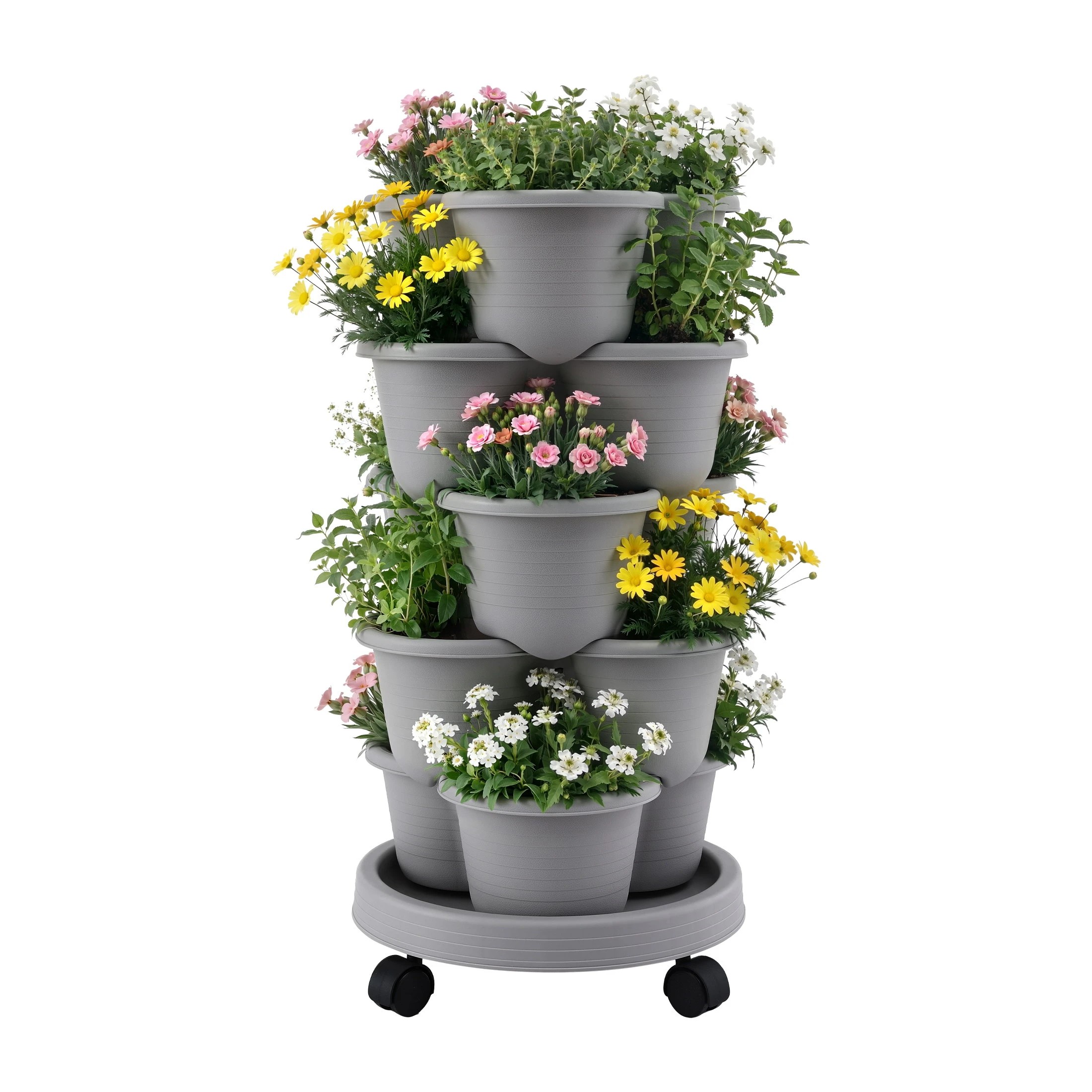 1 Green Fingers 5 Tier Vertical Garden Planter Movable Stackable Strawberry Pots with 4 Wheels - Grey, 1 of 4
