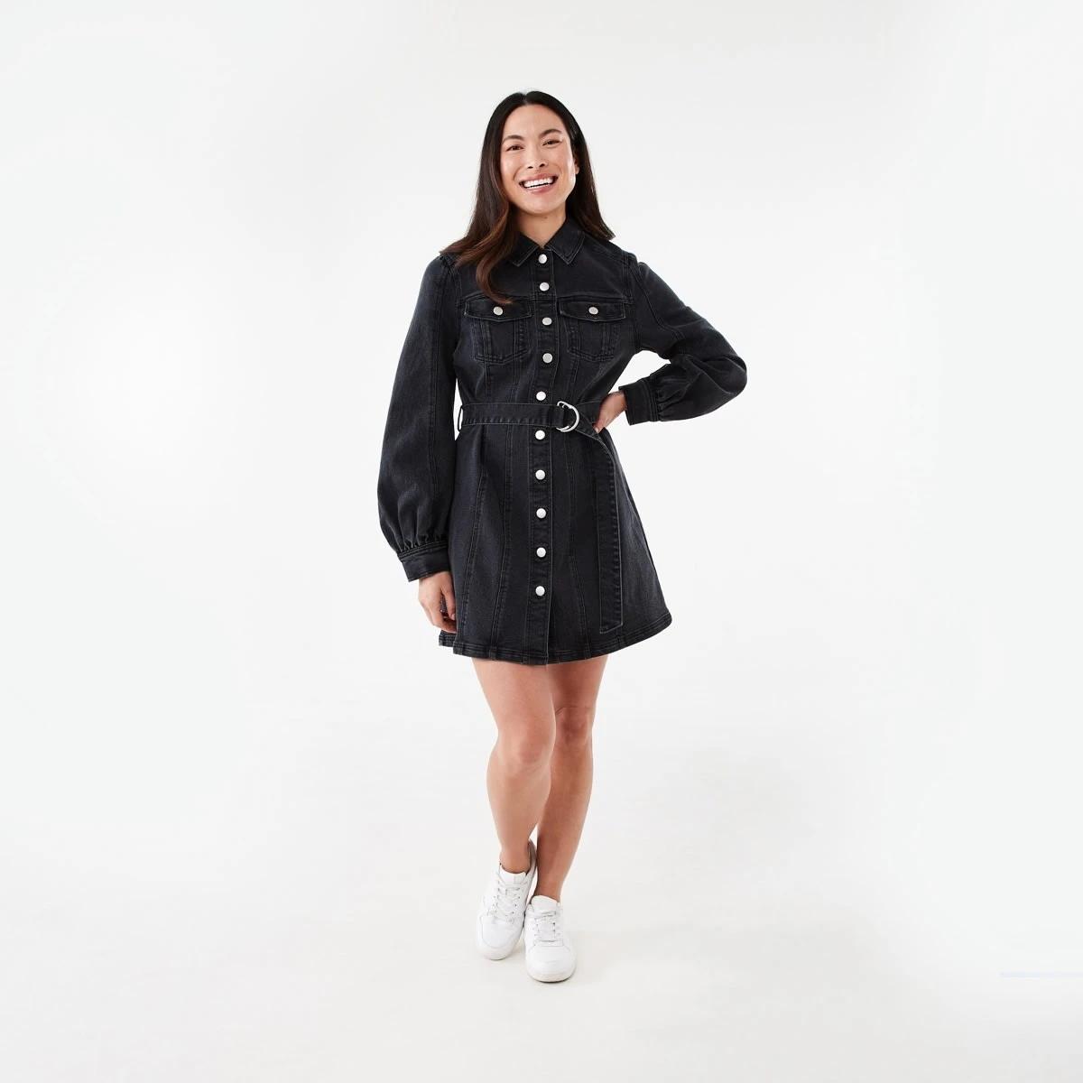 9 Long Sleeve Belted Denim Mini Dress Black Wash, 9 of 9