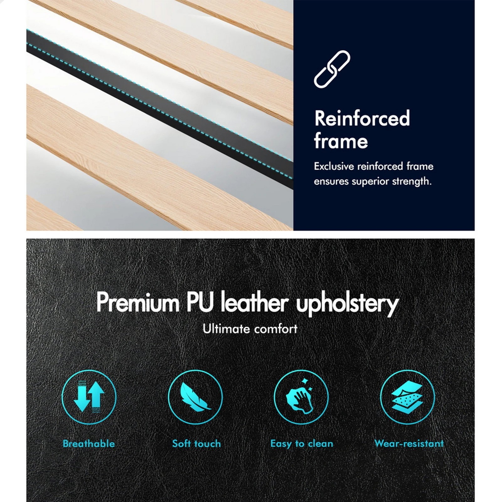 6 Alfordson Bed Frame Single Size Mattress Base Wooden Platform Leather - Black, 6 of 10