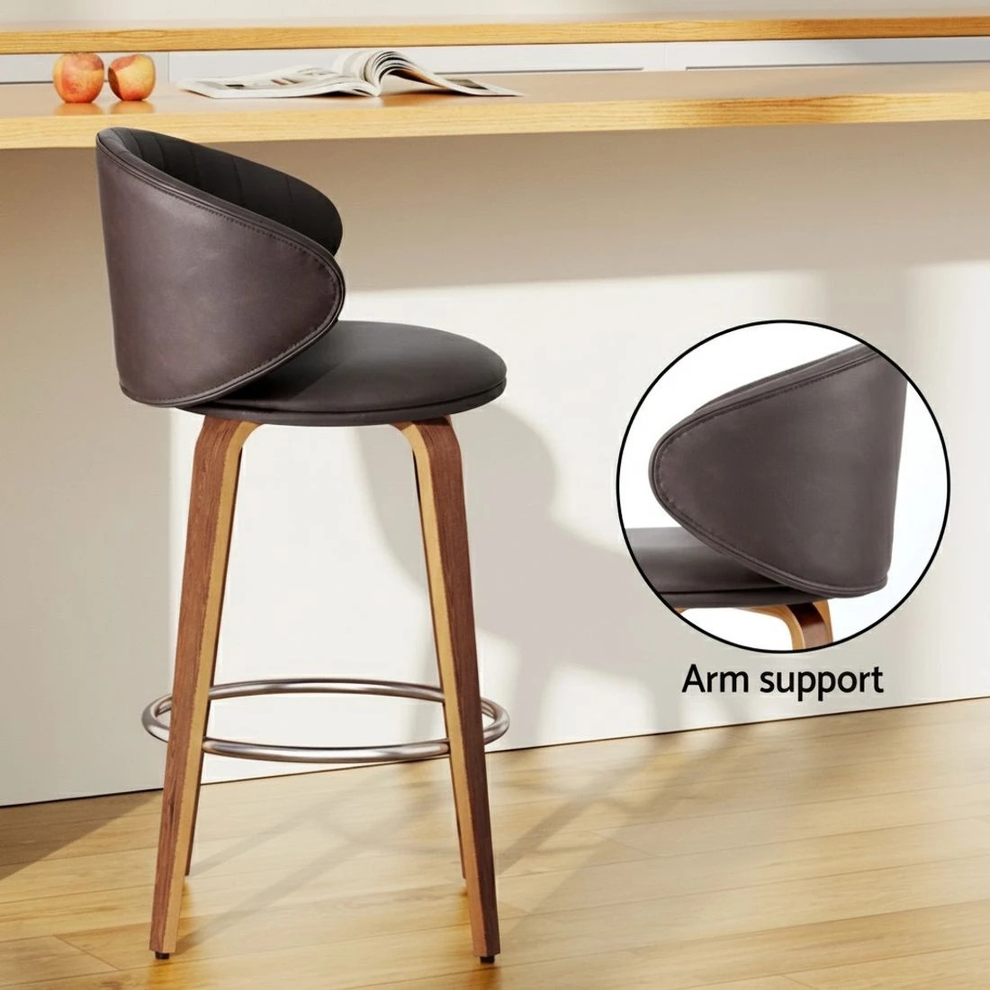 4 4x Artiss Bar Stools Dining Chairs Contou Leather Wood Stool - Brown, 4 of 5