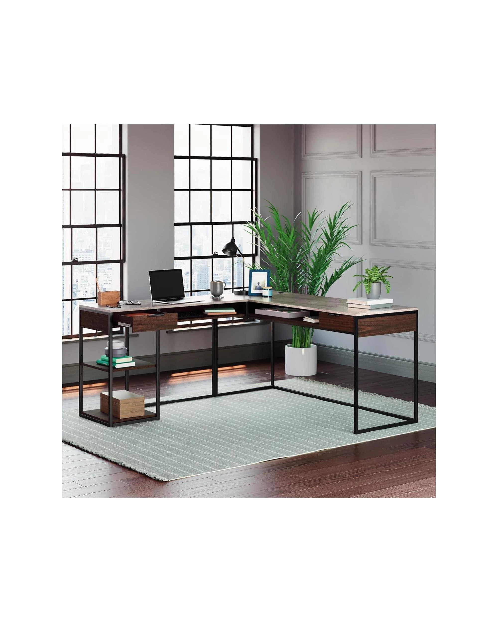 3 Sauder Corner L-Shaped Home Office Desk Study Table Woodgrain and Black - Brown, 3 of 9