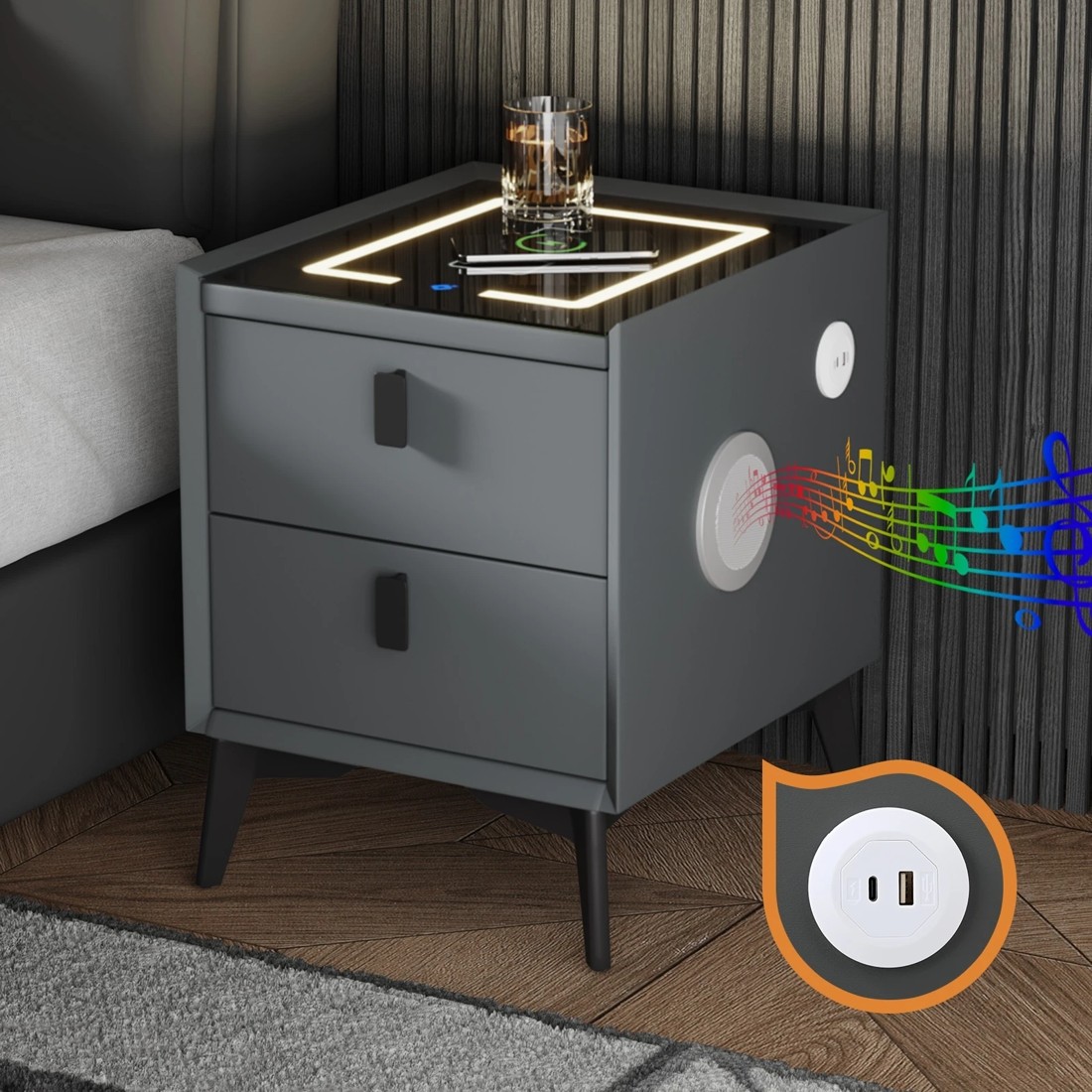 7 Oikiture Set of 2 Smart Bedside Tables Wireless Charging LED Nightstand Drawers - Grey, 7 of 7