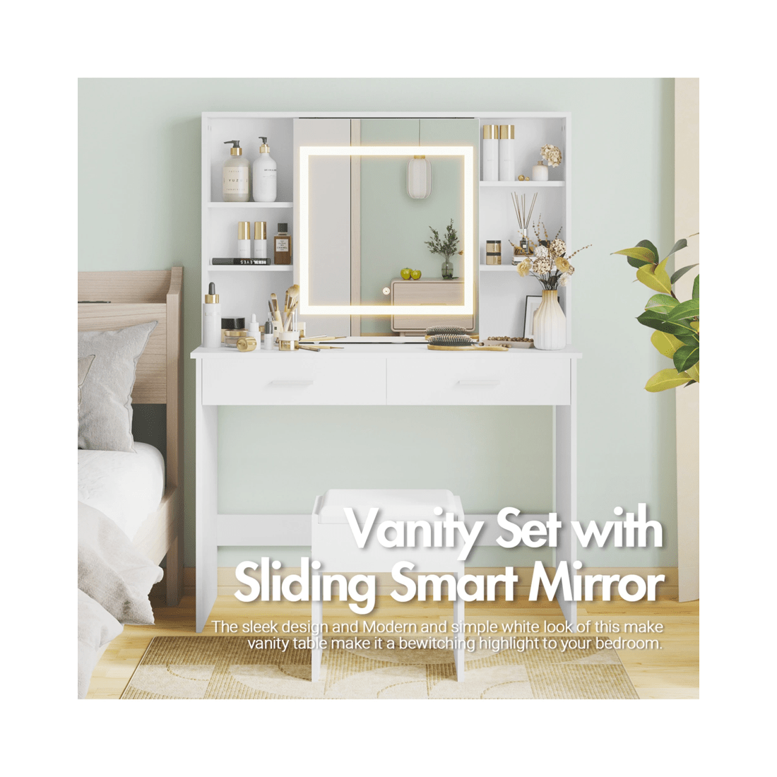 3 Advwin Dressing Table Stool Set With Slide Make Up Led Mirror Vanity Desk With 2 Storage Drawers And Open Storage Shelf, 3 of 10