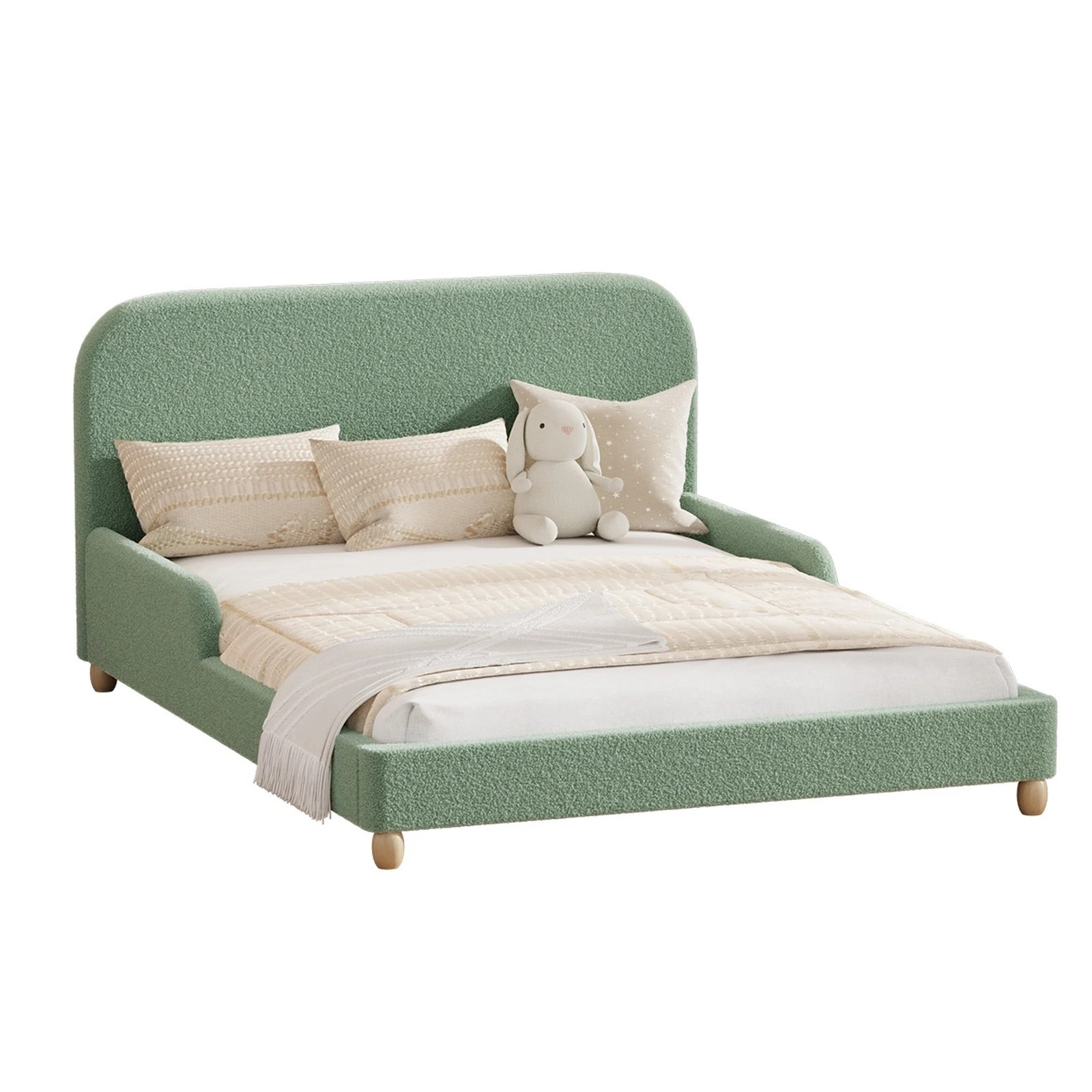 1 Oikiture Kids Bed Frame Double Size Base with Side Guard Rails Boucle - Green, 1 of 8