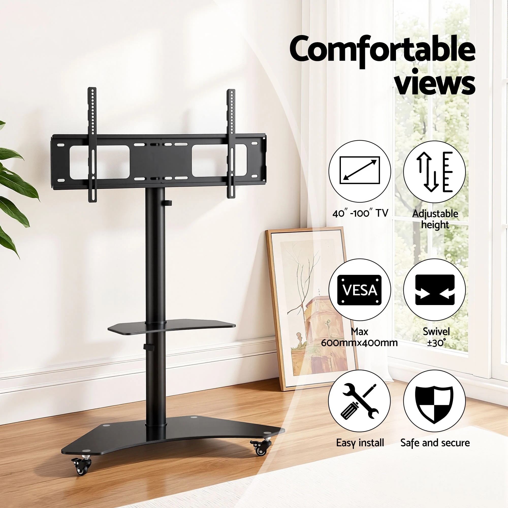 5 Artiss 40-100" TV Stand Mount Bracket Universal Adjustable Height with Wheels - Black, 5 of 10
