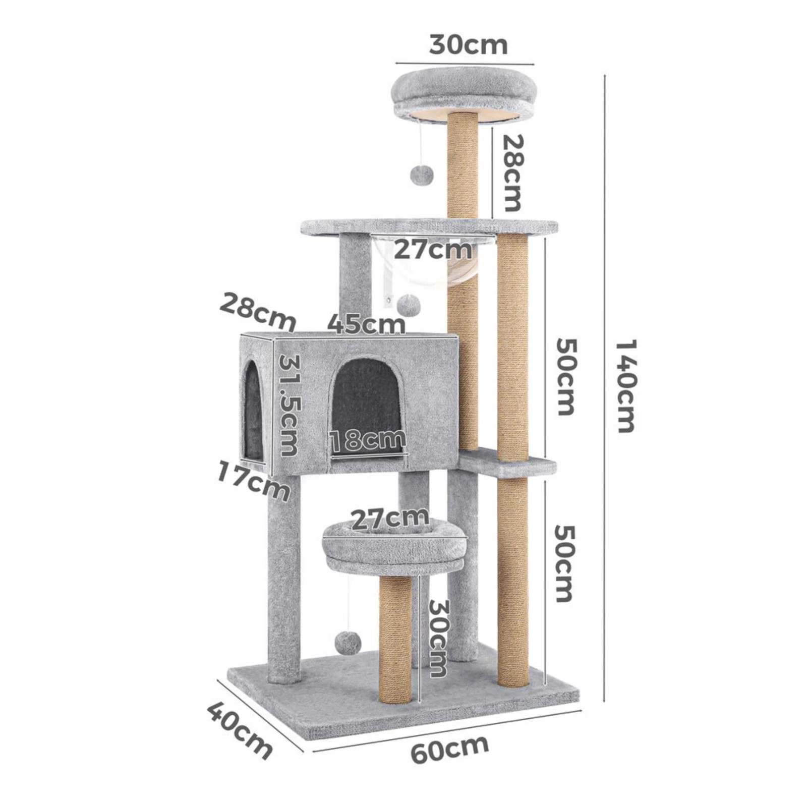 3 Beastie Cat Tree Tower 140CM - Grey, 3 of 4
