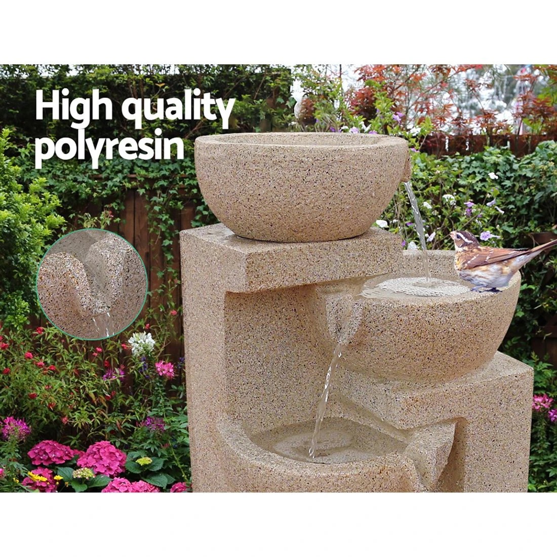 3 Gardeon Solar Water Feature Cascading Fountain 4-Tier Bowl LED Lights 72CM Sand - Beige, 3 of 8