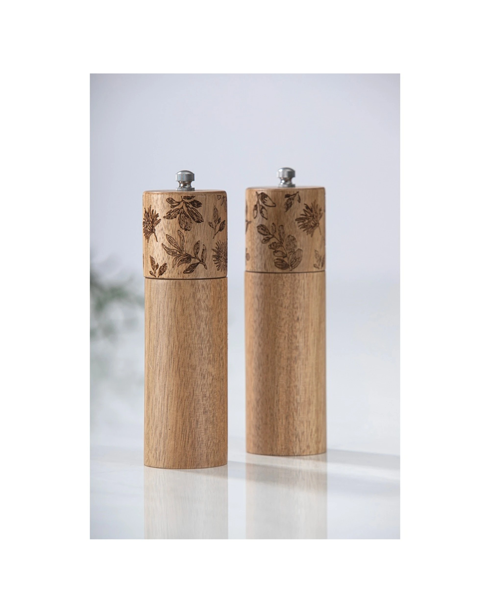 4 Ladelle 2pc Mossman Salt & Pepper Grinder Set Acacia W/ Etched Florals Wood - Natural, 4 of 4