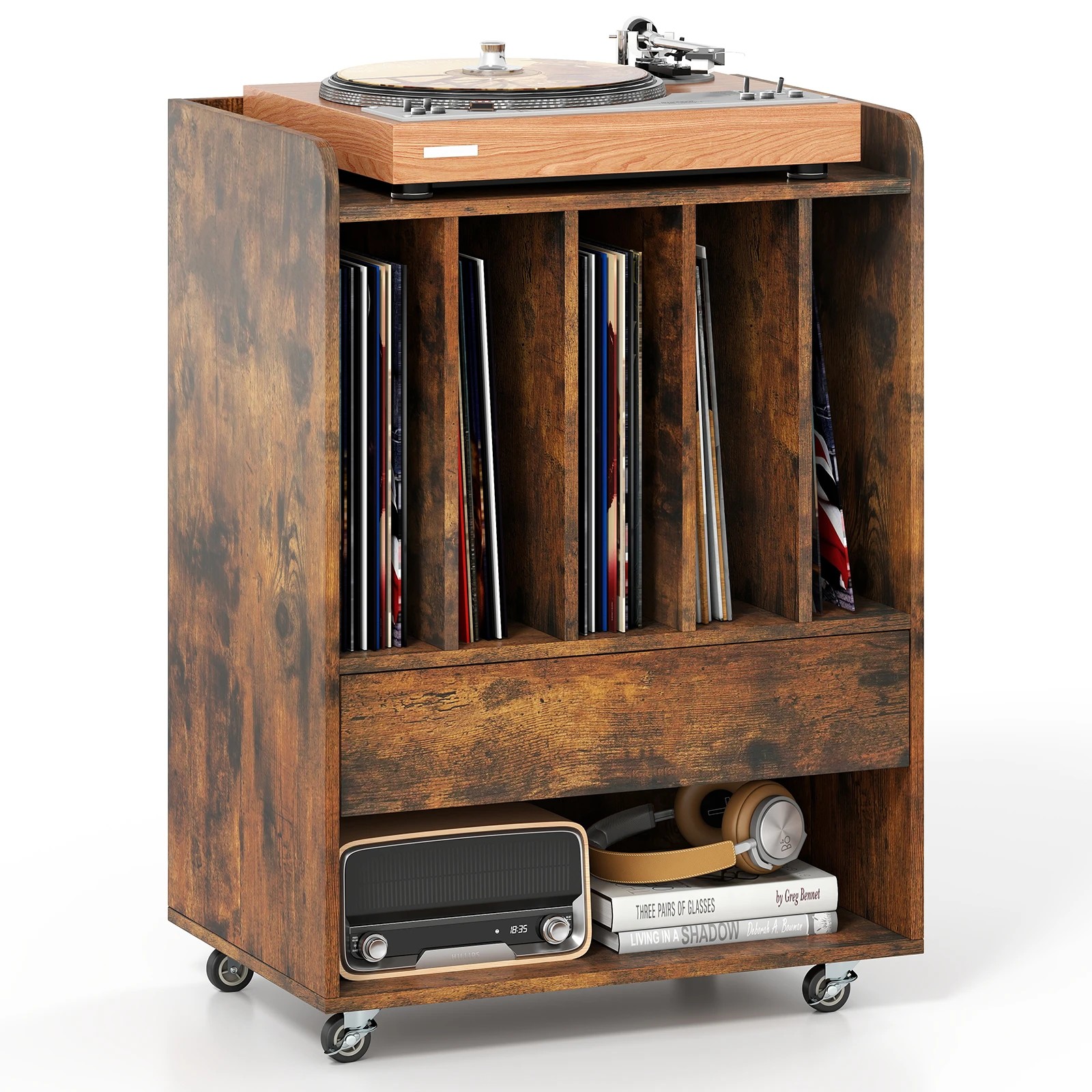 4 Costway Rolling Record Player Stand w/5 Compartments Vinyl Display Shelf - Brown, 4 of 4