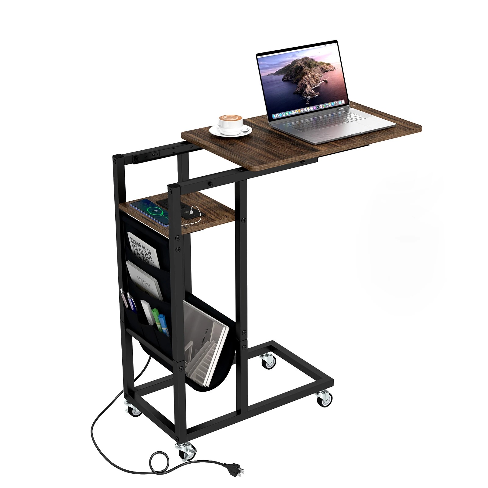 4 Costway C-shaped End Table Retractable Rolling Bedside Table w/Charging Station, 4 of 4