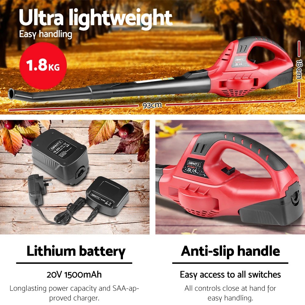 2 Giantz 20V Cordless Leaf Blower Garden Lithium Electric Battery Nozzles 2 Speed - Red, 2 of 2