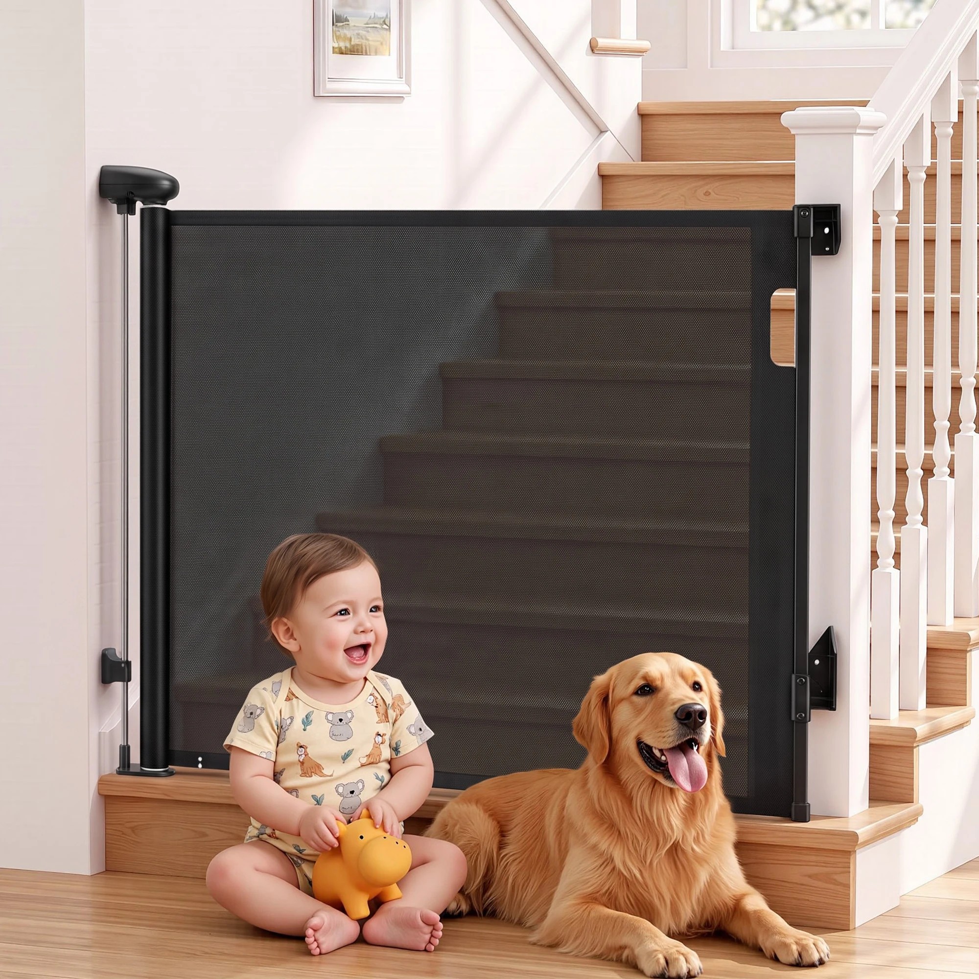 2 Keezi Retractable Gate Extends up to 140cm Baby Gate Pet Safety Fence Black - Black, 2 of 8