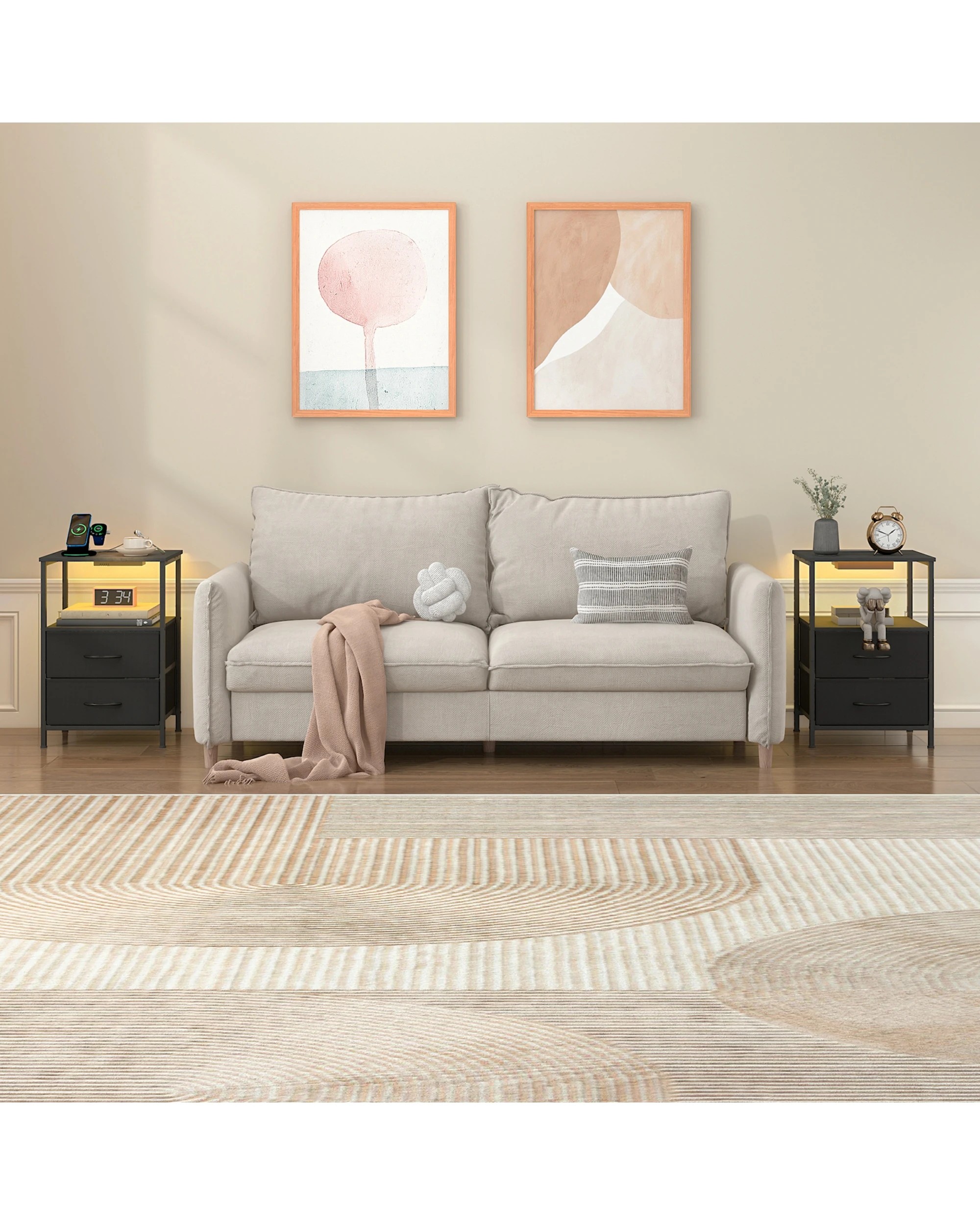 5 Advwin Led Bedside Table Set of 2 with Charging Station 2 Fabric Drawers - Black, 5 of 5