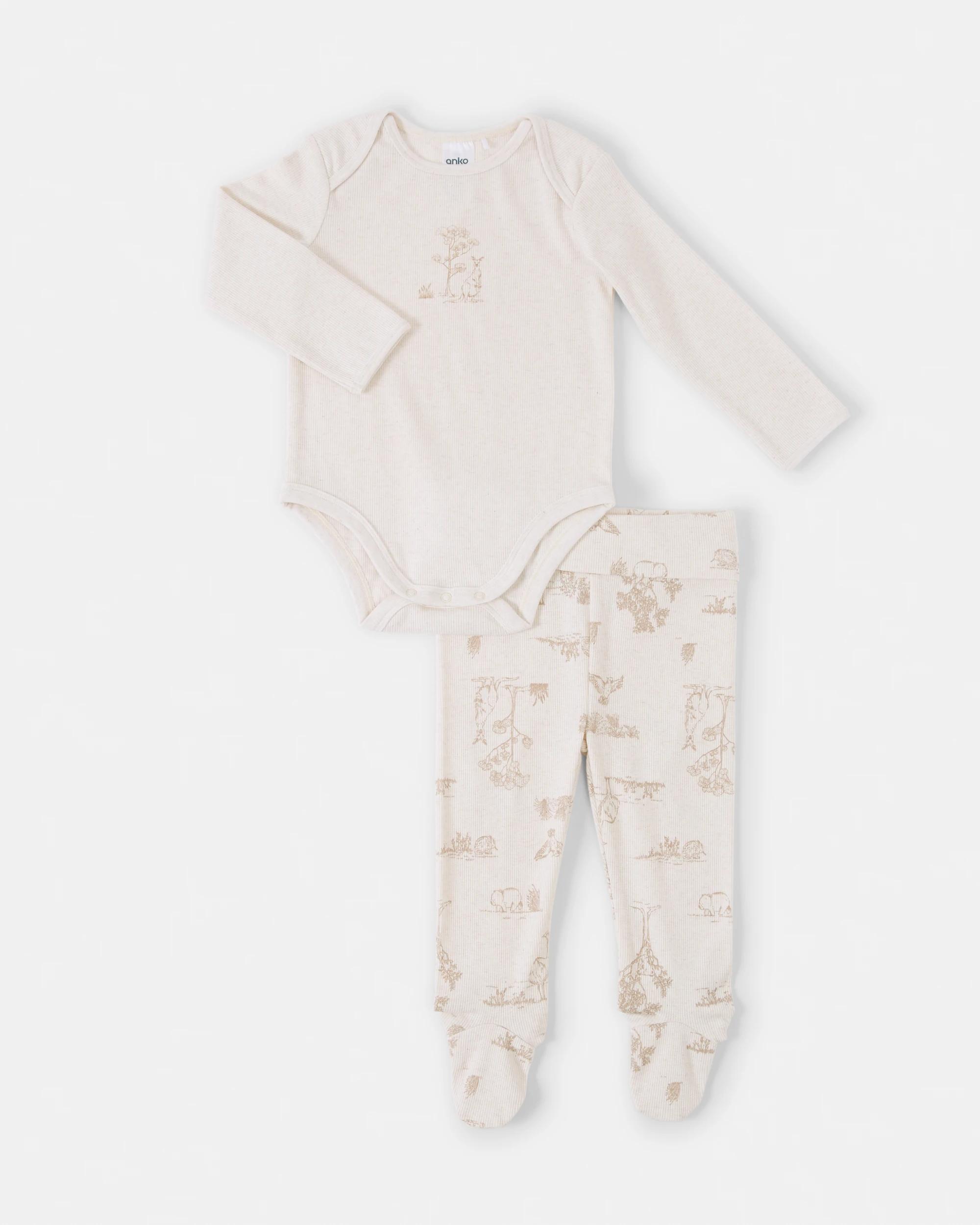 1 2 Piece Long Sleeve Newborn Set Beig Animl, 1 of 6