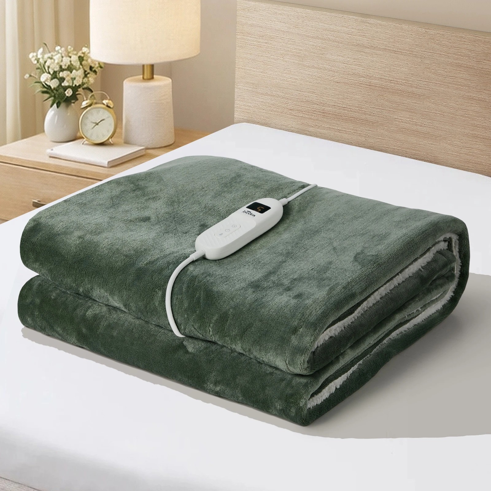 1 Bedra Bedding Electric Throw Rug Dual Side Heated Blanket Flannel&Sherpa - Single Bed - Green, 1 of 9