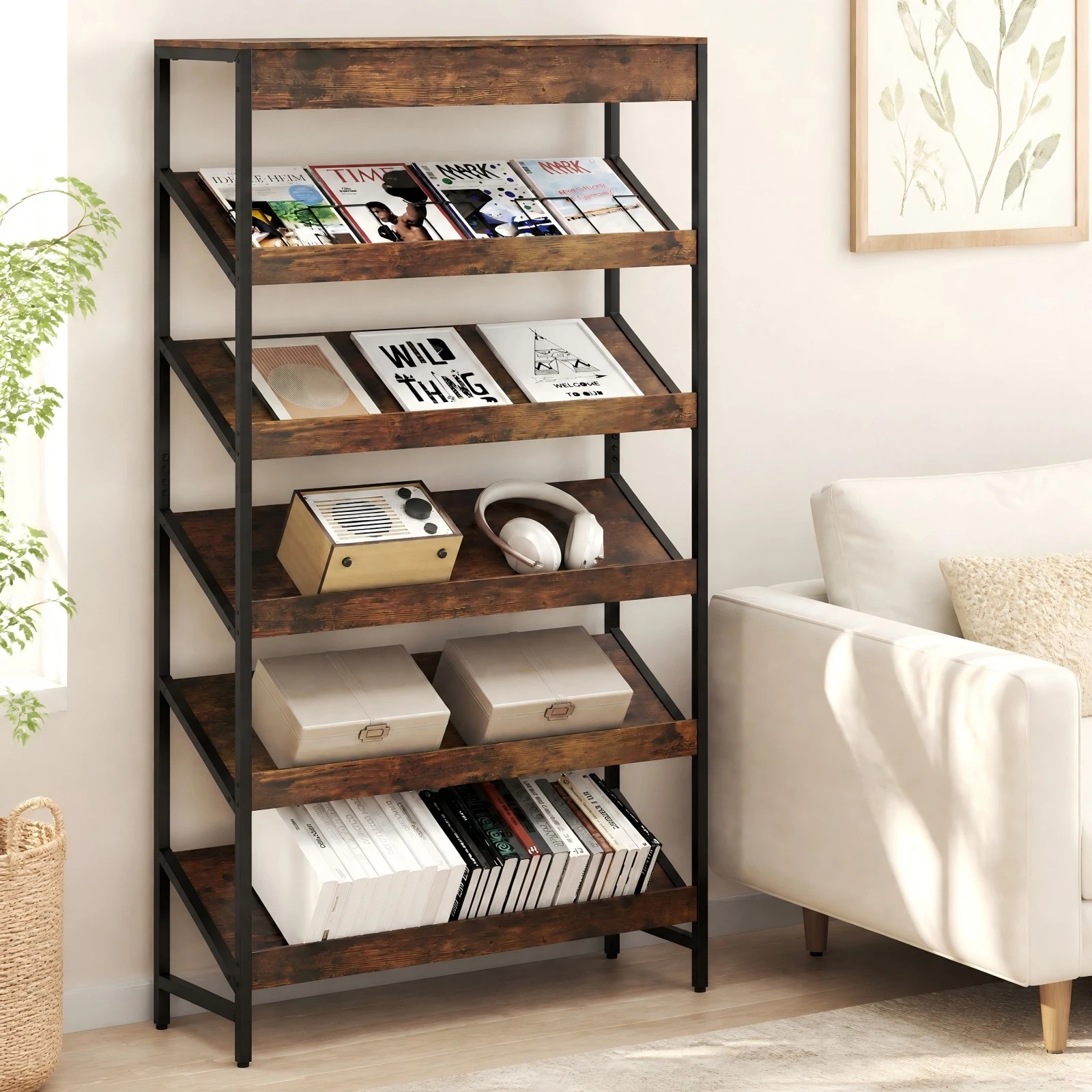 1 Costway 6 Tier Bookshelf 161cm Tall Slant Display Shelf Metal Newspaper Rack Organiser - Brown, 1 of 5