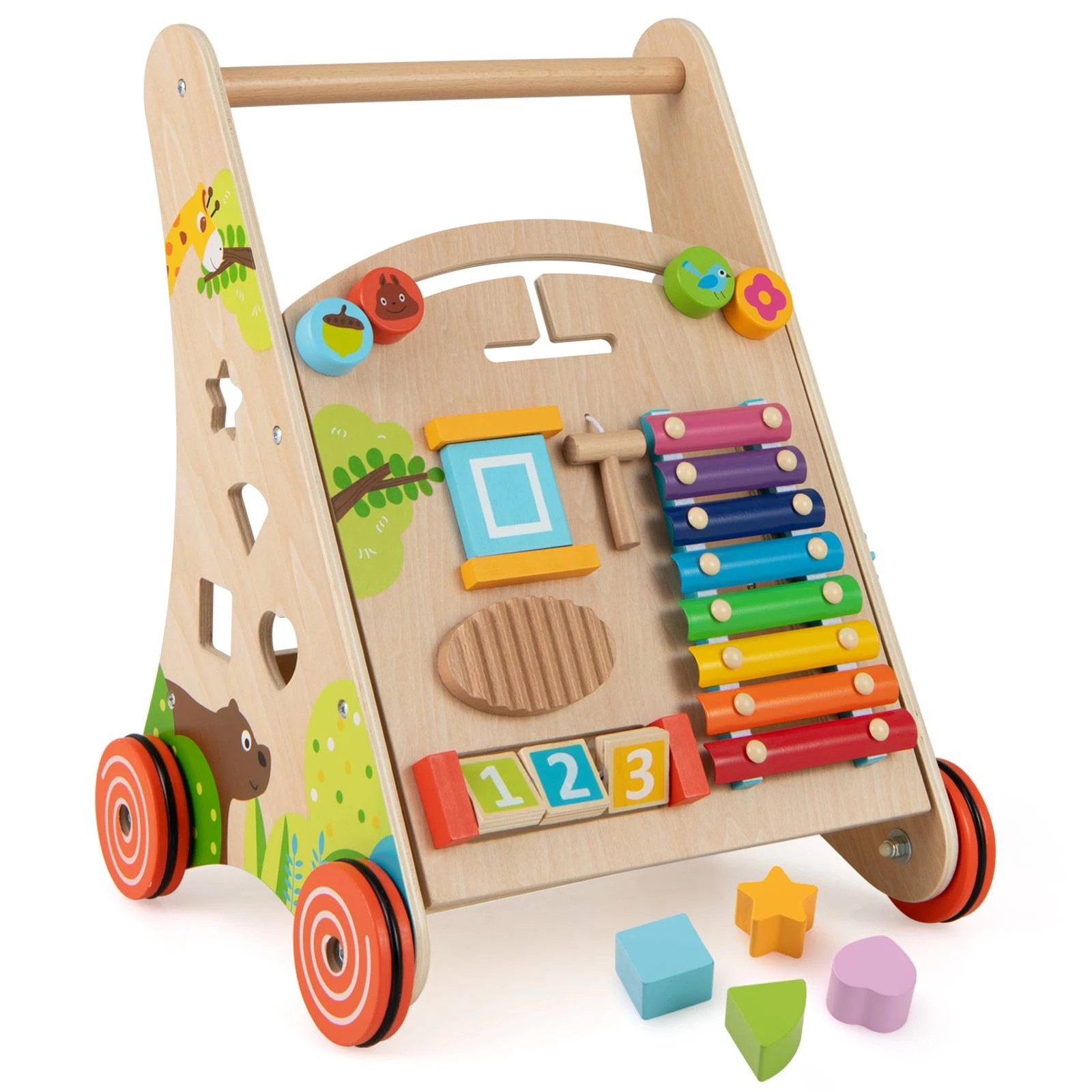 1 Costway All-in-1 Wooden Walker Push Pull Learning Activity Walker - Natural, 1 of 3