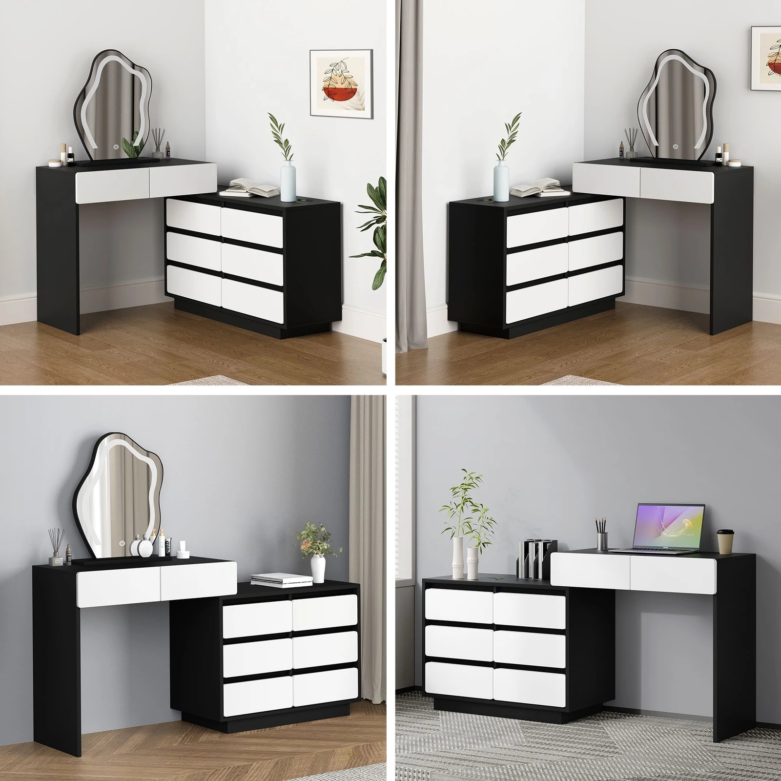 5 Alfordson Dressing Table Stool Set Makeup Mirror Desk LED 8 Drawers - Black White, 5 of 10