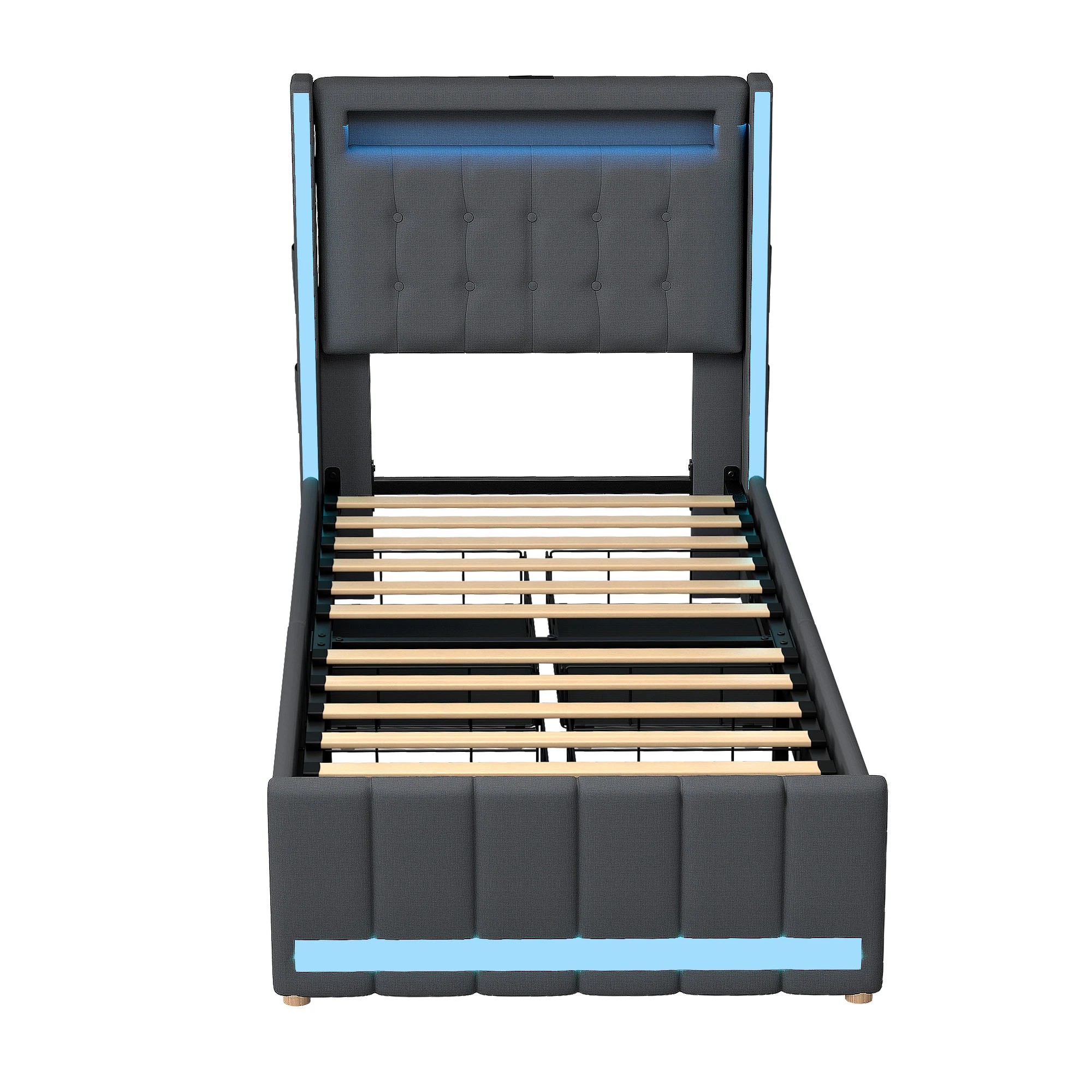 2 Levede Single Bed Frame Linen Fabric with LED Charging Station and 4 Drawers - Grey, 2 of 9