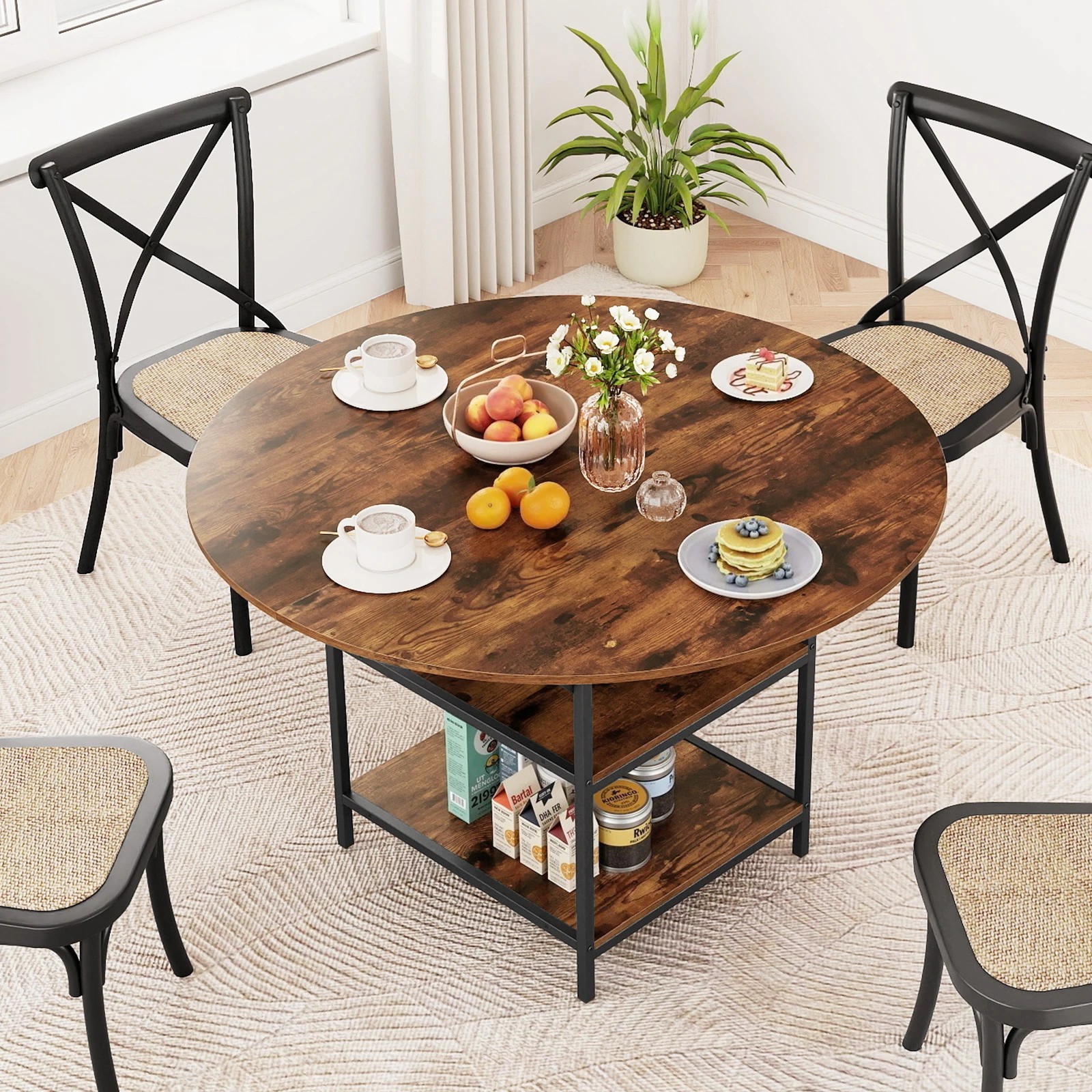 2 Costway Dining Table for 4-6 Kitchen Counter Height Table Round Farmhouse Dinner Table Metal Frame - Brown, 2 of 3