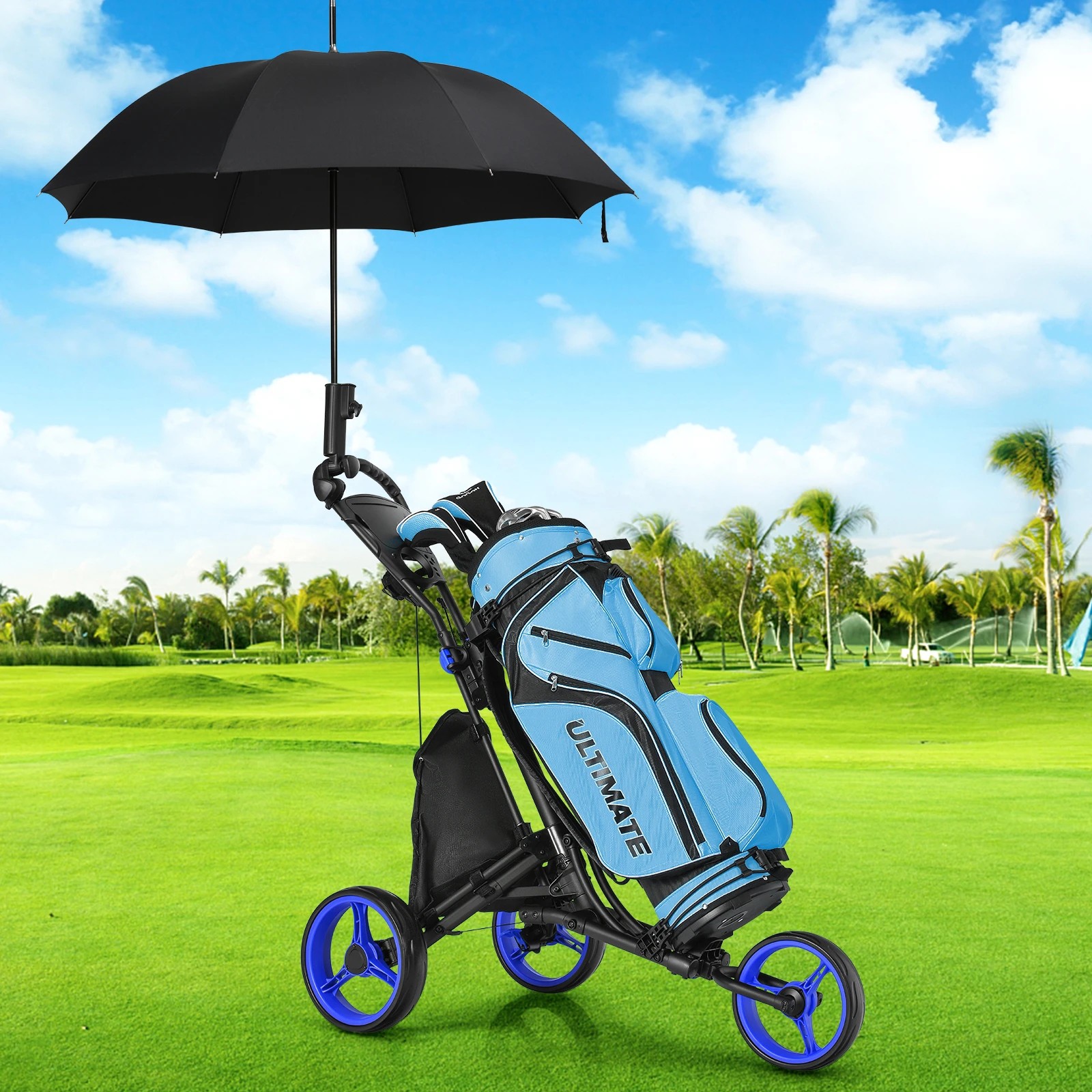 2 Costway Foldable Golf Buggy Trolley 3 Wheels Golf Club Push Cart Adjustable w/Storage Bag - Blue, 2 of 4