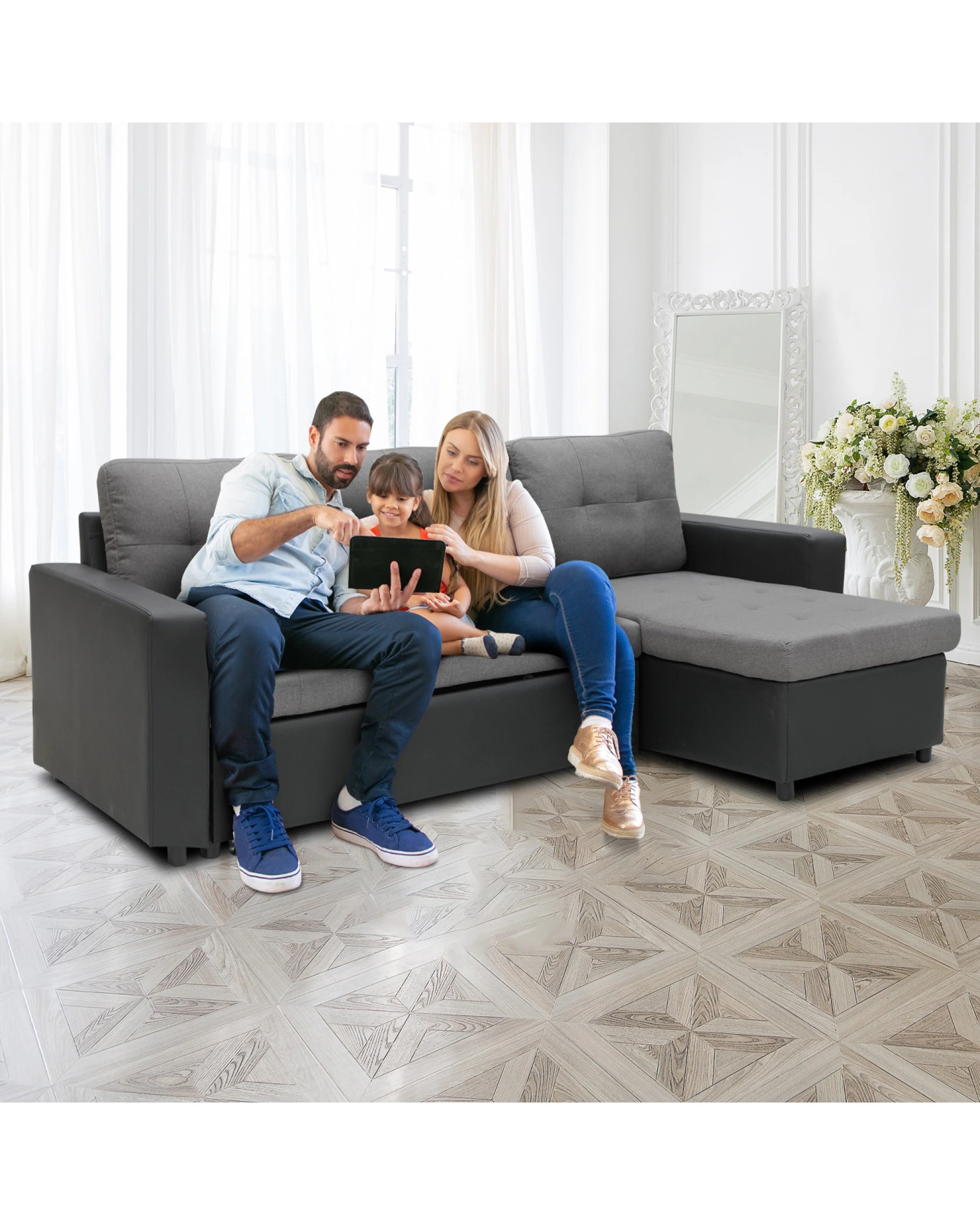 2 Sarantino 3-Seater Corner Sofa Bed Storage Lounge Chaise Couch - Grey, 2 of 10