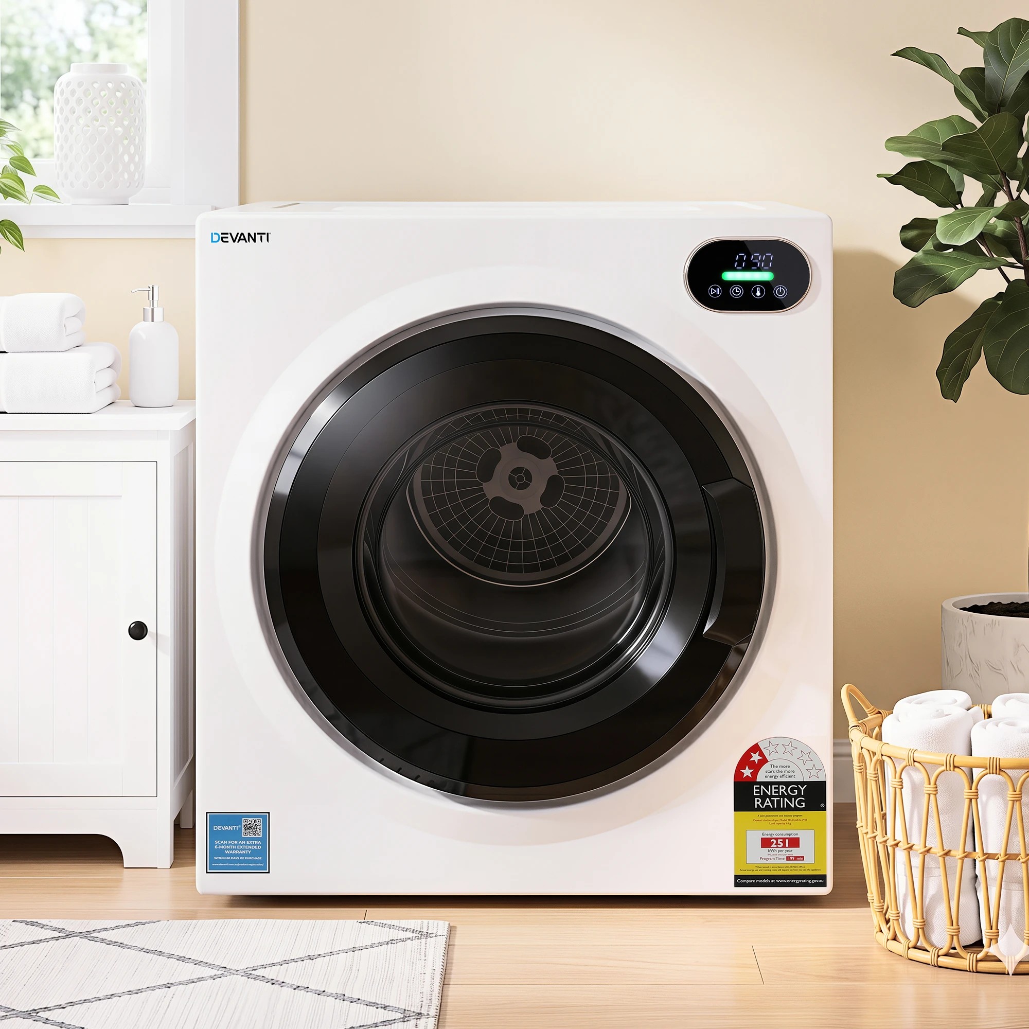 9 Devanti 6kg Tumble Dryer, Intelligent Touch Screen Clothes Dryer with 4 Drying Modes Stainless Steel Drum - White, 9 of 9
