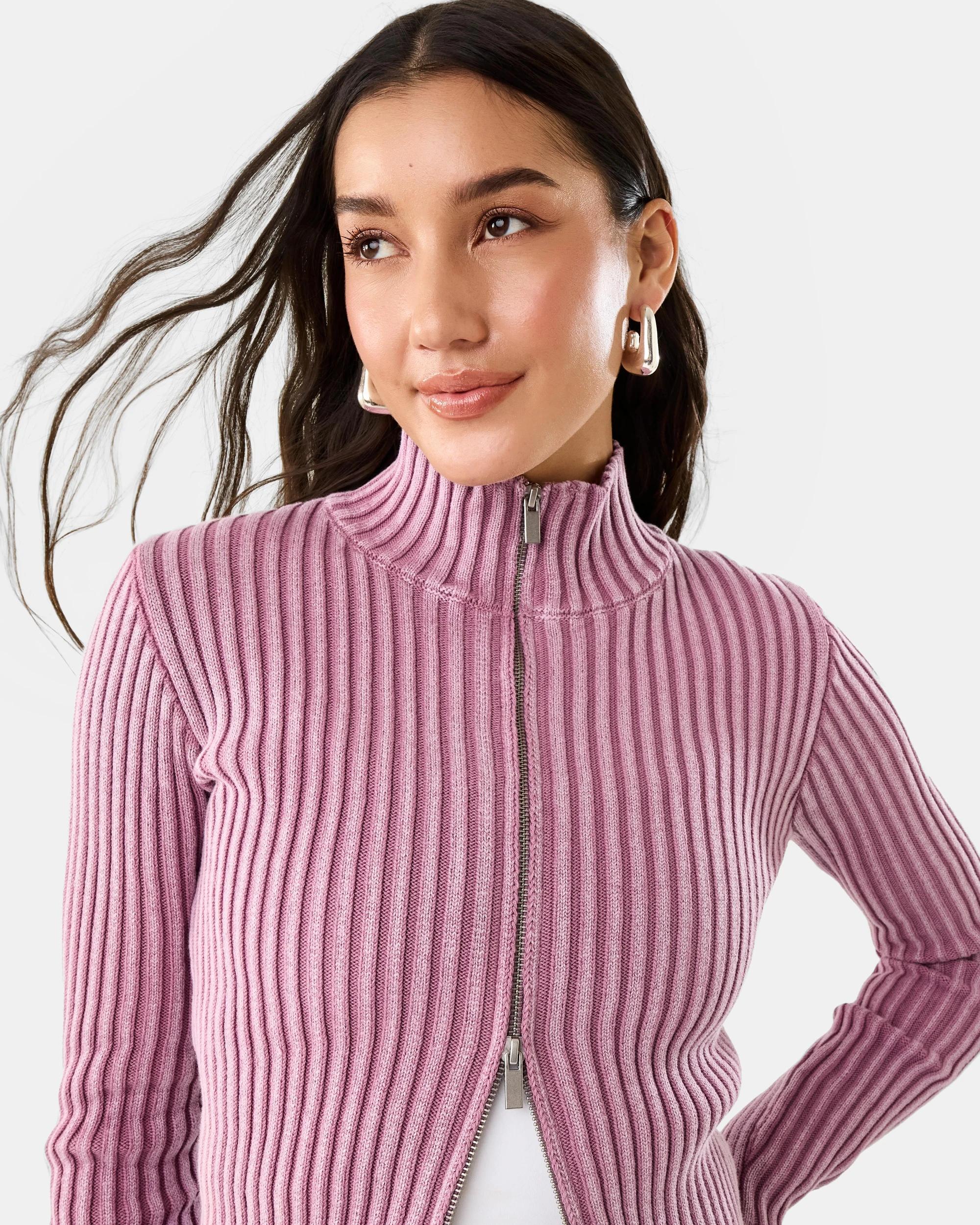 7 Funnel Neck Knit Zip Through Jumper Orchid, 7 of 10
