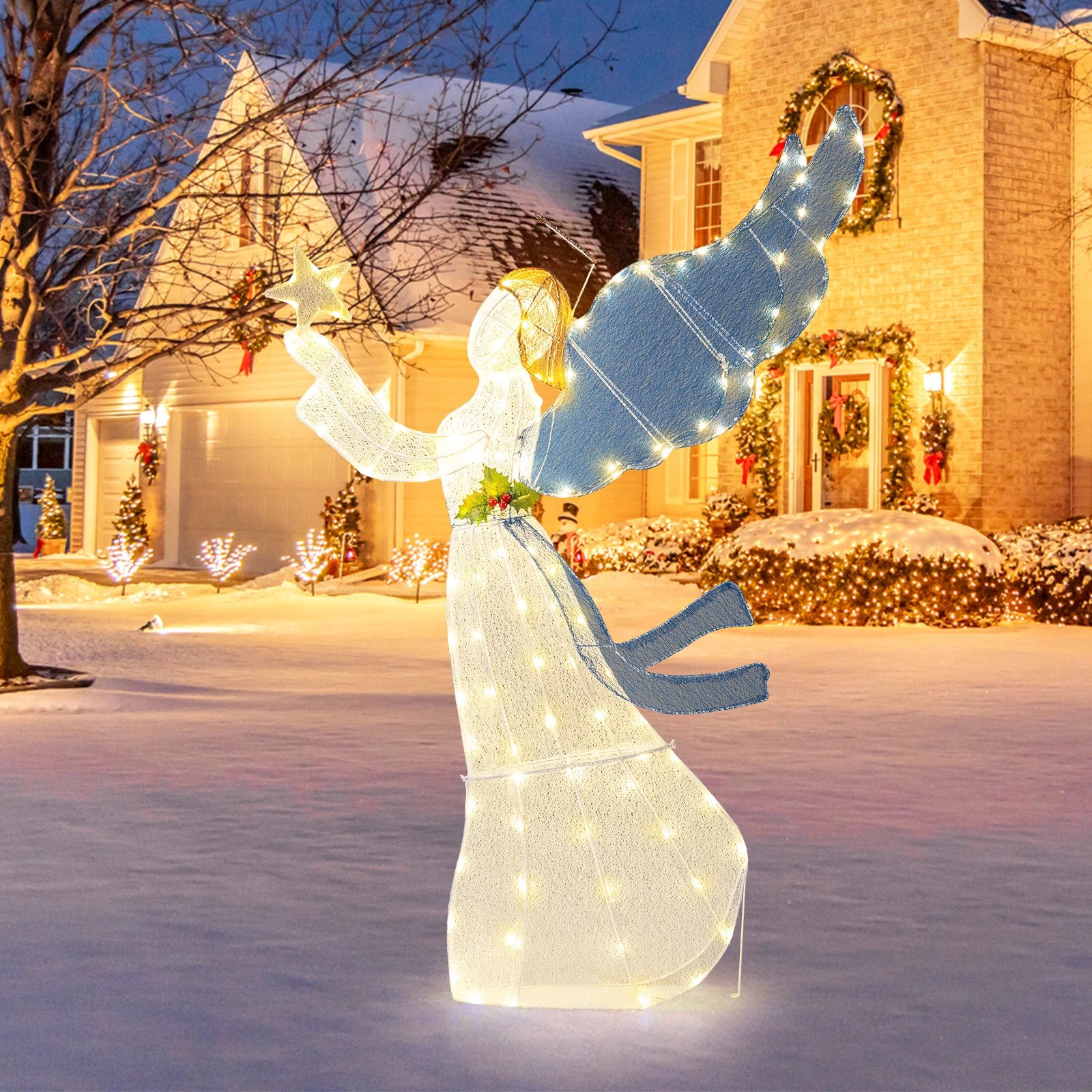 Costway 152cm Christmas Lighted Angel 3D Pre-Lit Halo Angel w/Warm LED ...