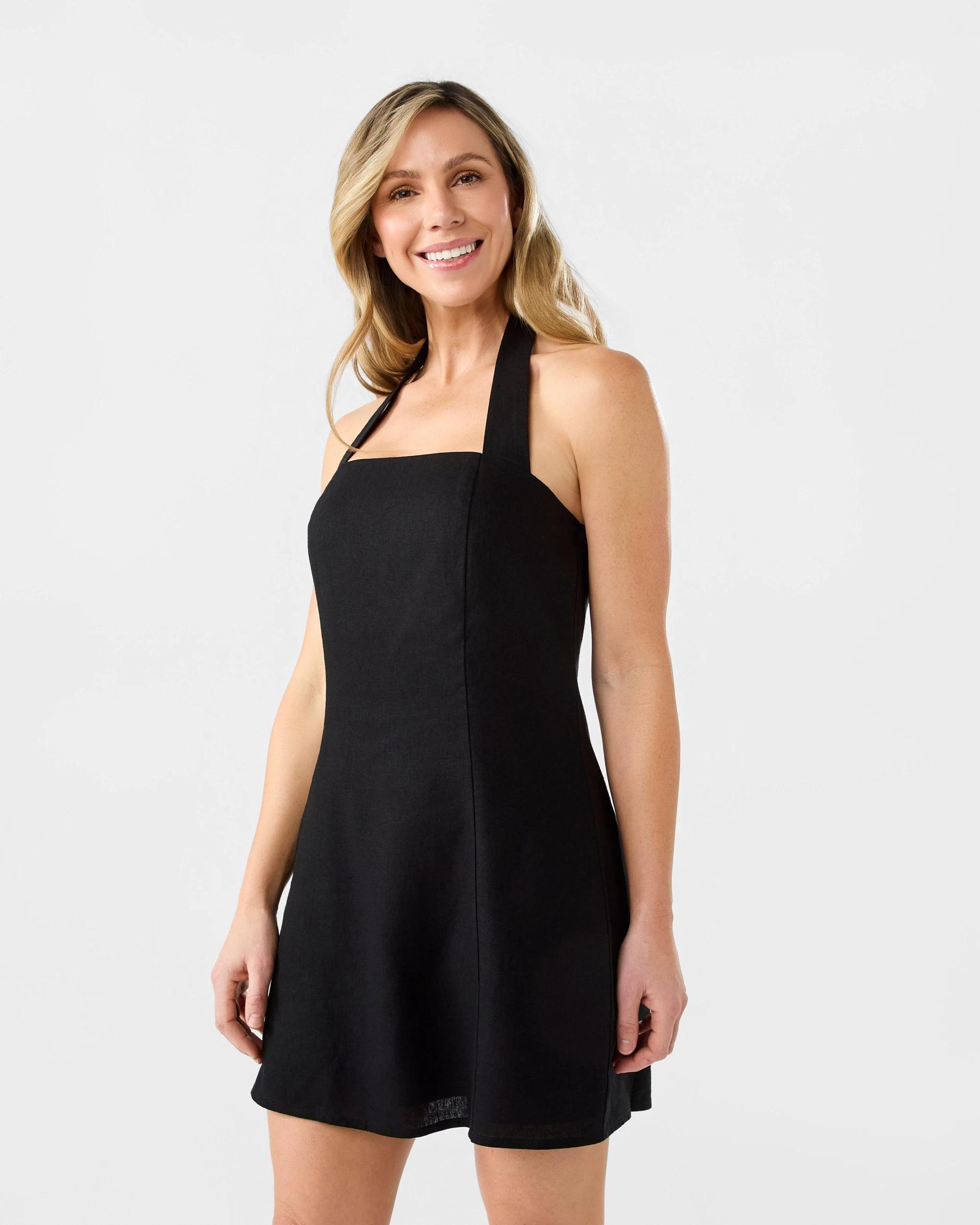 2 Sleeveless Linen Blend Square Halter Mini Dress Black, 2 of 6